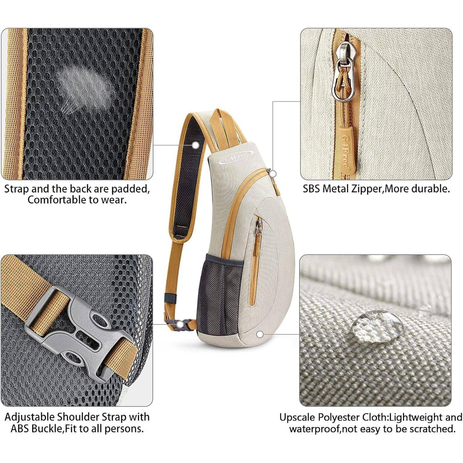 Eine Crossbody-Umhängetasche mit hervorgehobenen Merkmalen: gepolsterter Riemen für Komfort, Metall-Reißverschluss für Haltbarkeit, verstellbarer Schultergurt, wasserfestes Polyestermaterial.