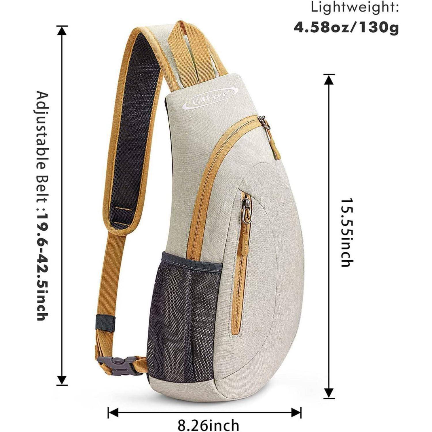 Ein beige Tragetasche-Rucksack mit verstellbarem Riemen, seitlicher Netztasche und Reißverschlusstasche vorne. Abmessungen: 15,55 x 8,26 Zoll. Gewicht: 4,58 Unzen.