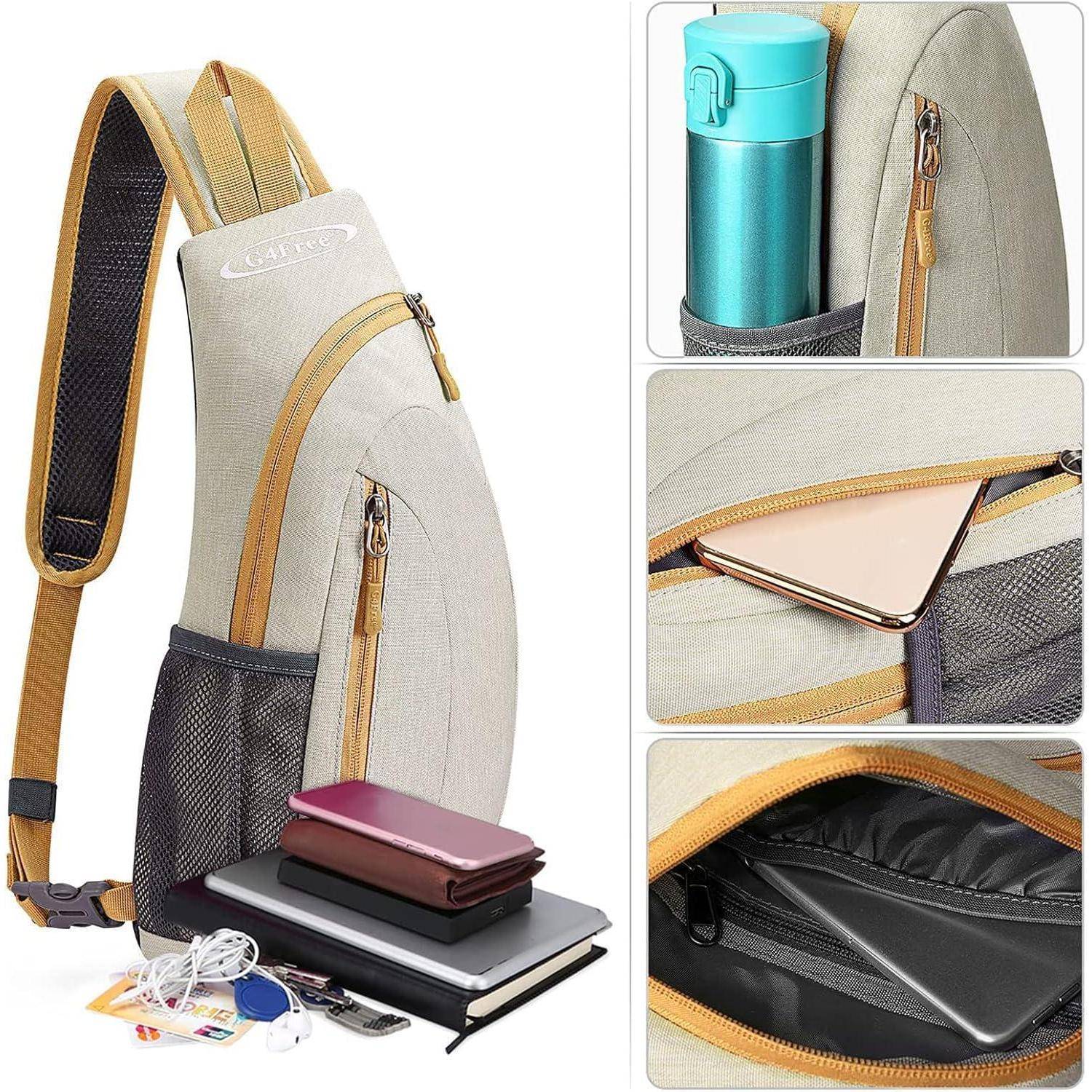 Ein beiger Umhängerucksack mit einem braunen Riemen, ausgestattet mit mehreren Taschen. Er enthält eine türkisfarbene Flasche, ein Telefon, ein Notizbuch und Zubehör.