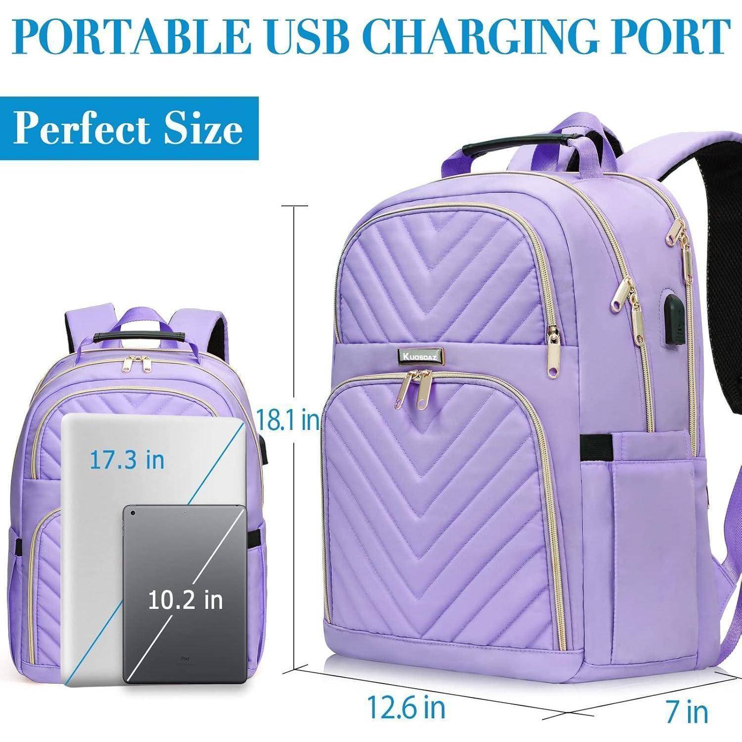 Lila Rucksack mit gestepptem Muster, USB-Ladeanschluss und mehreren Fächern. Abmessungen: 46 x 32 x 18 cm. Geeignet für Laptops bis zu 17,3 Zoll.