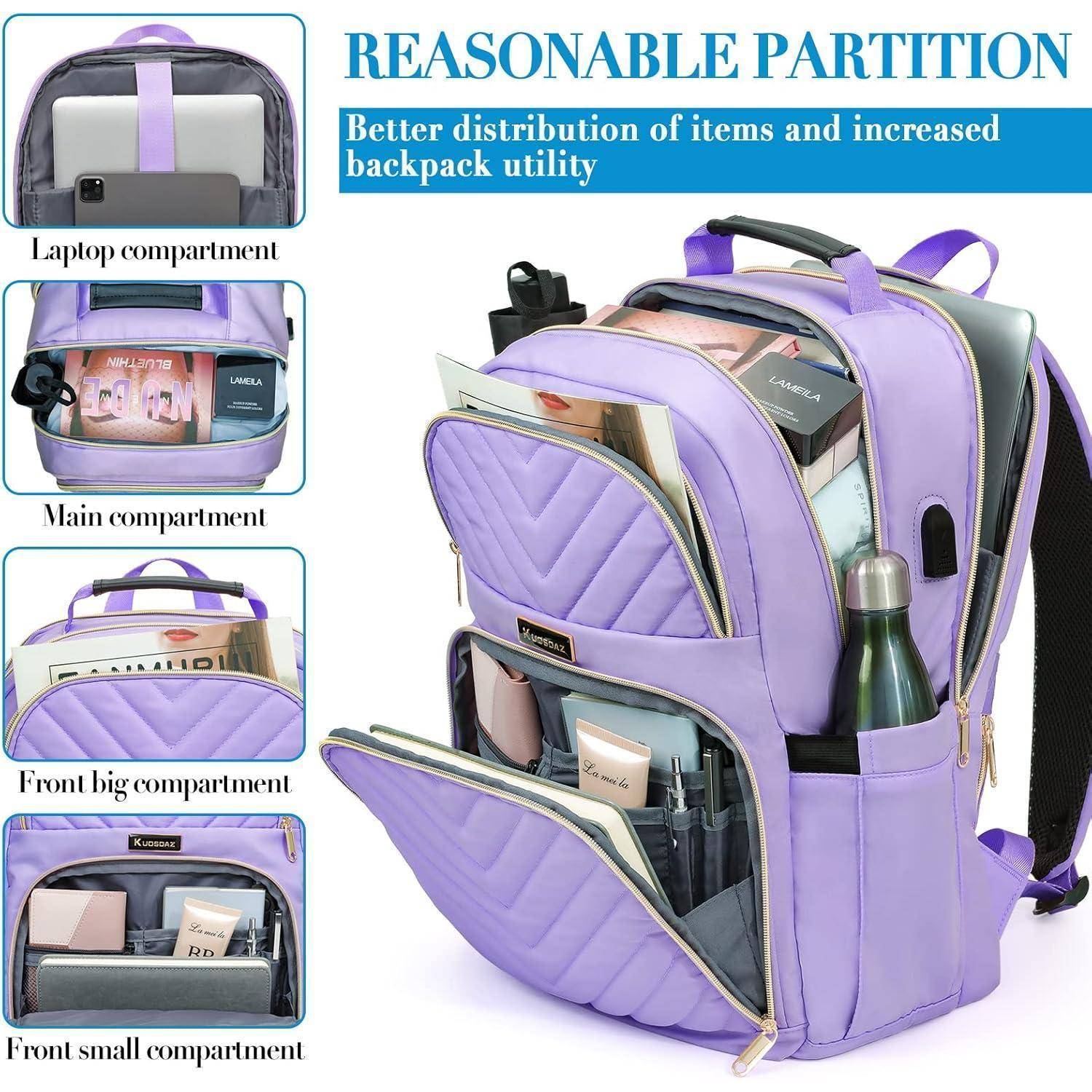 Ein lila Rucksack mit geöffneten Fächern, in denen ein Laptop, Bücher und eine Wasserflasche zu sehen sind. Einblendungen markieren die Zwecke der einzelnen Fächer für organisierte Aufbewahrung. Text lautet: „Vernünftige Aufteilung