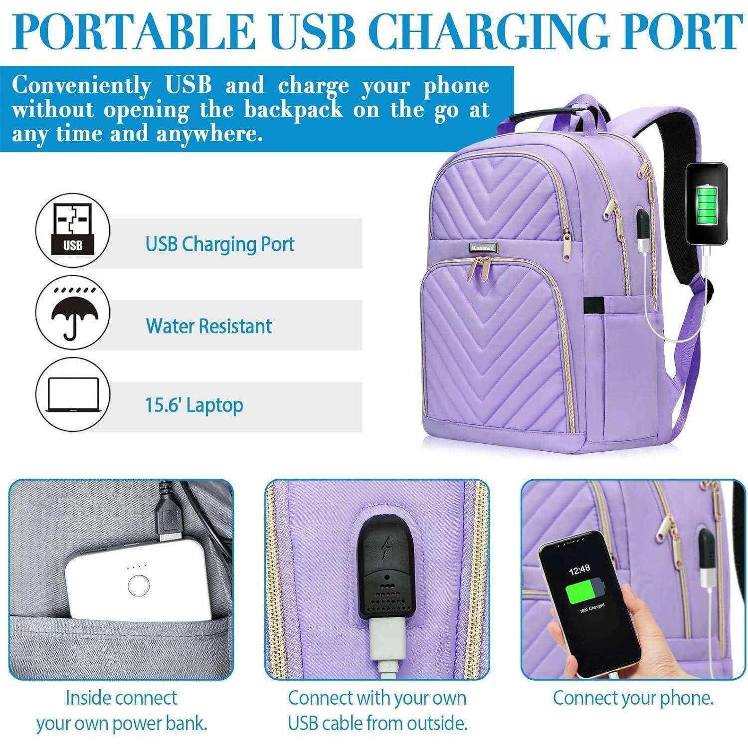 Lila Rucksack mit USB-Ladeanschluss, wasserabweisend, geeignet für 15,6-Zoll-Laptop. Ausstattungsmerkmale umfassen eine interne Powerbank-Verbindung und externen USB-Zugang.