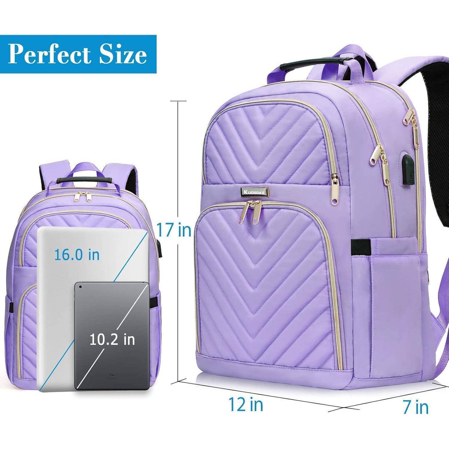 Lila Rucksack mit gestepptem Design, goldenen Reißverschlüssen, USB-Anschluss und gepolsterten Trägern. Passt für 16-Zoll-Laptops, Maße 17x12x7 Zoll.