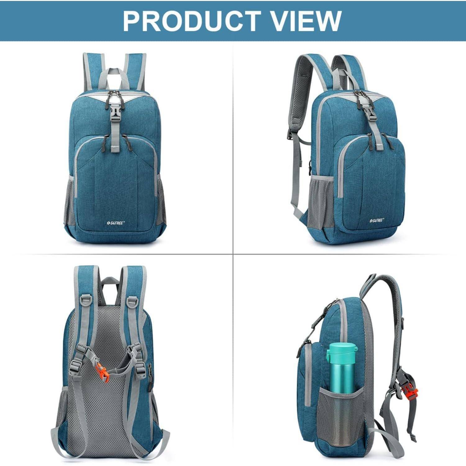 Vier Bilder eines blauen Rucksacks werden aus verschiedenen Winkeln gezeigt, mit Vorder-, Seiten- und Rückenansicht, einschließlich Trägern und Taschen.