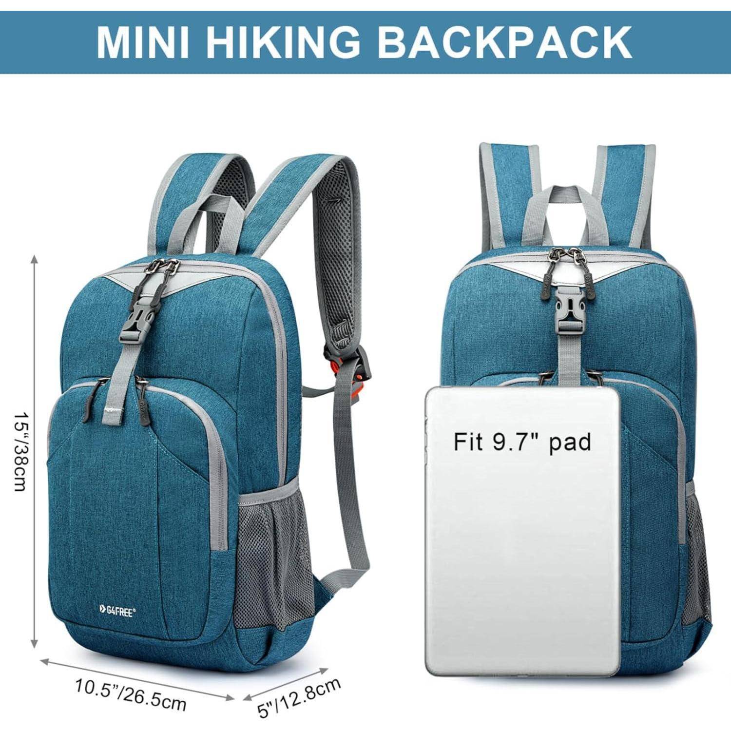 Blauer Mini-Wanderrucksack mit zwei Fächern und Mesh-Seitentaschen. Abmessungen: 15