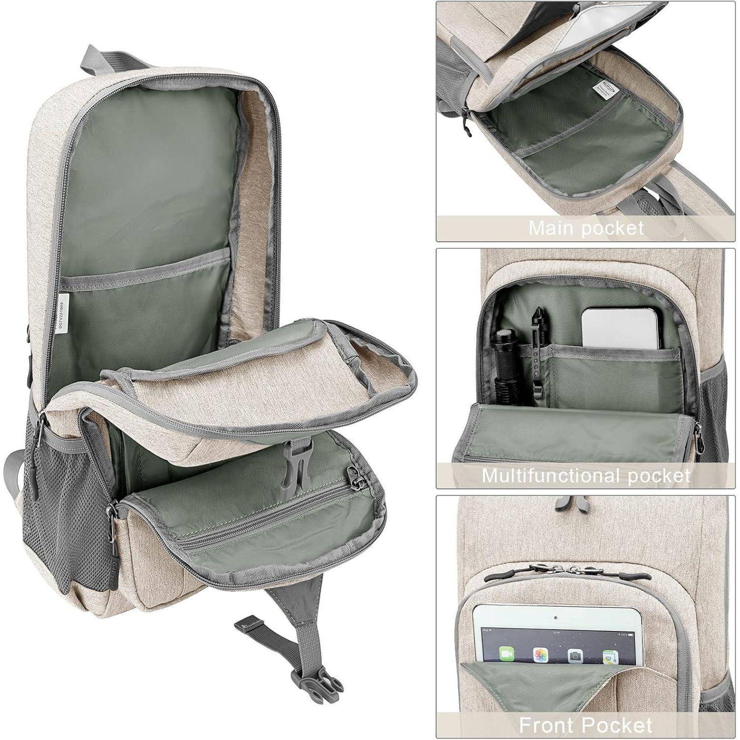 Rucksack mit mehreren Taschenvarianten: eine Haupttasche mit reichlich Platz, eine multifunktionale Tasche für kleine Gegenstände und eine Fronttasche für ein Tablet.