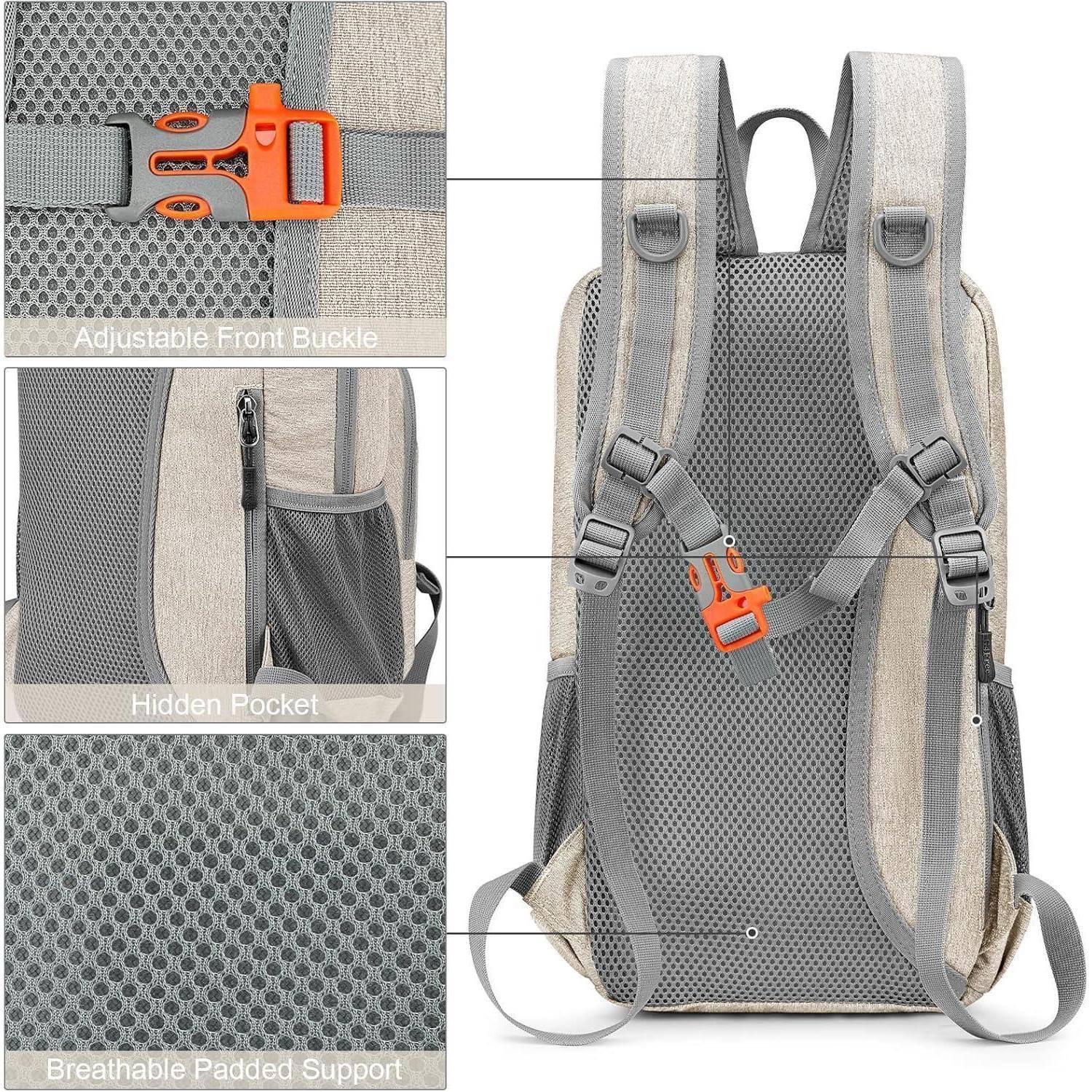 Rucksackmerkmale umfassen eine verstellbare Vorderschnalle, eine versteckte Tasche und atmungsaktive gepolsterte Unterstützung. Die Träger sind gekreuzt dargestellt für einen eng anliegenden Sitz.