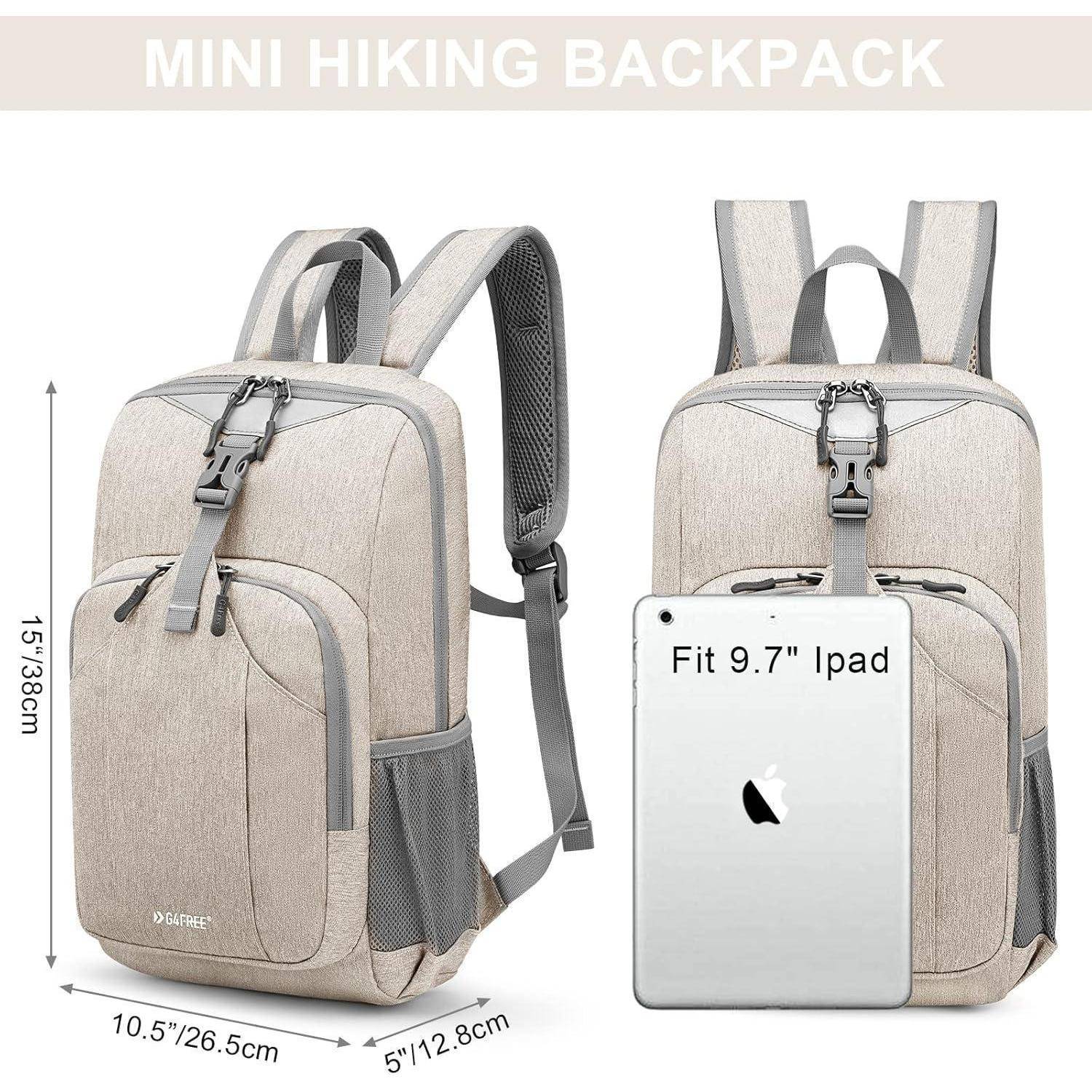 Beiger Mini-Wanderrucksack mit zwei Fächern, Vordertasche und seitlichem Netzgewebe. Abmessungen: 15