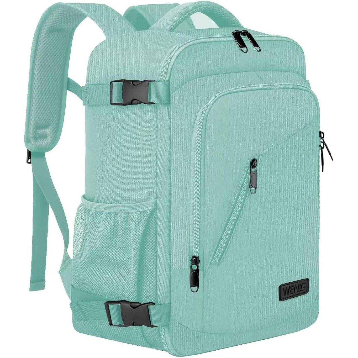 Ein minzgrüner Rucksack mit mehreren Fächern, Reißverschlüssen und einer seitlichen Netztasche. Ausgestattet mit verstellbaren Trägern und einem Tragegriff.