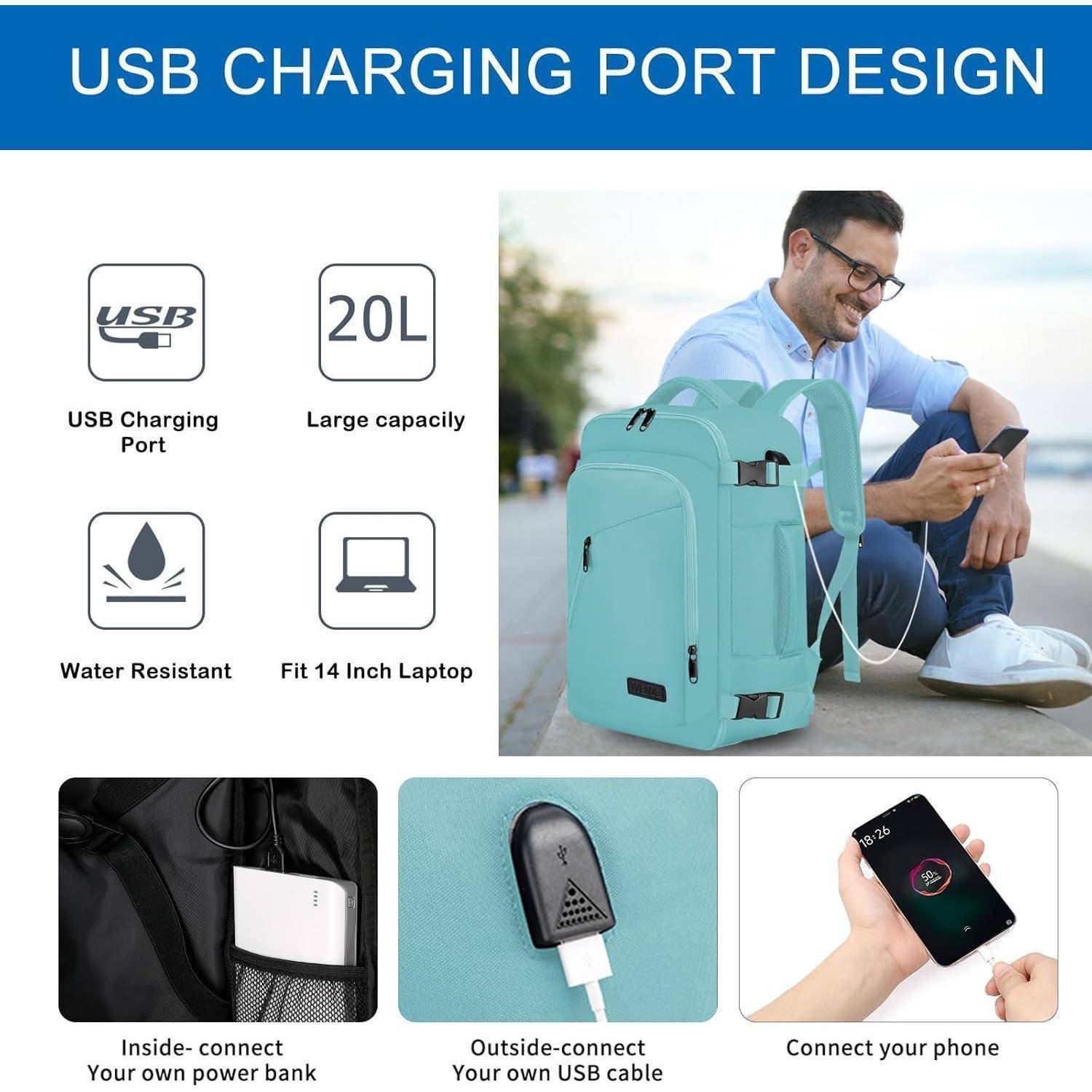 Ein Mann sitzt mit einem türkisfarbenen Rucksack, der einen USB-Ladeanschluss aufweist. Der Rucksack ist wasserabweisend, passt einen 14-Zoll-Laptop und verbindet Geräte über ein externes USB-Kabel.