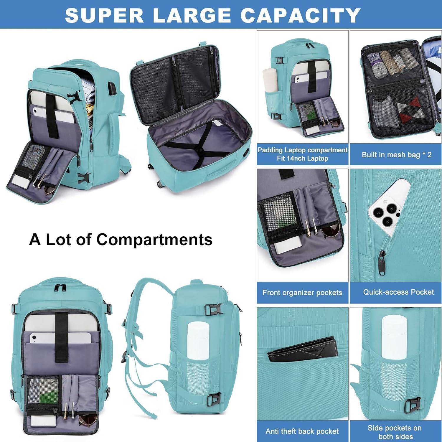 Ein hellblauer Rucksack mit dem Text 'Super Große Kapazität'. Er verfügt über gepolsterte Laptop-Fächer, integrierte Netztaschen, vordere Organisationstaschen, Seitentaschen und eine diebstahlsichere Tasche.