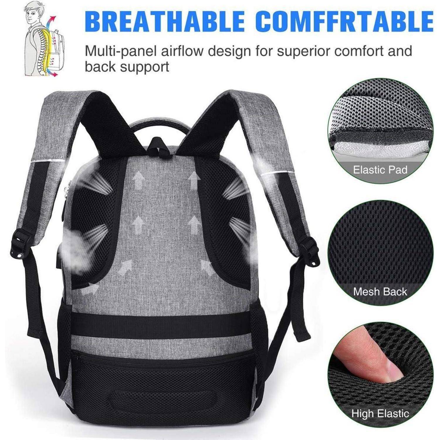 Ein Rucksack mit verstellbaren Trägern und atmungsaktiver Netzpolsterung. Beschrieben als ‚atmungsaktiv bequem' mit Luftstromdesign.