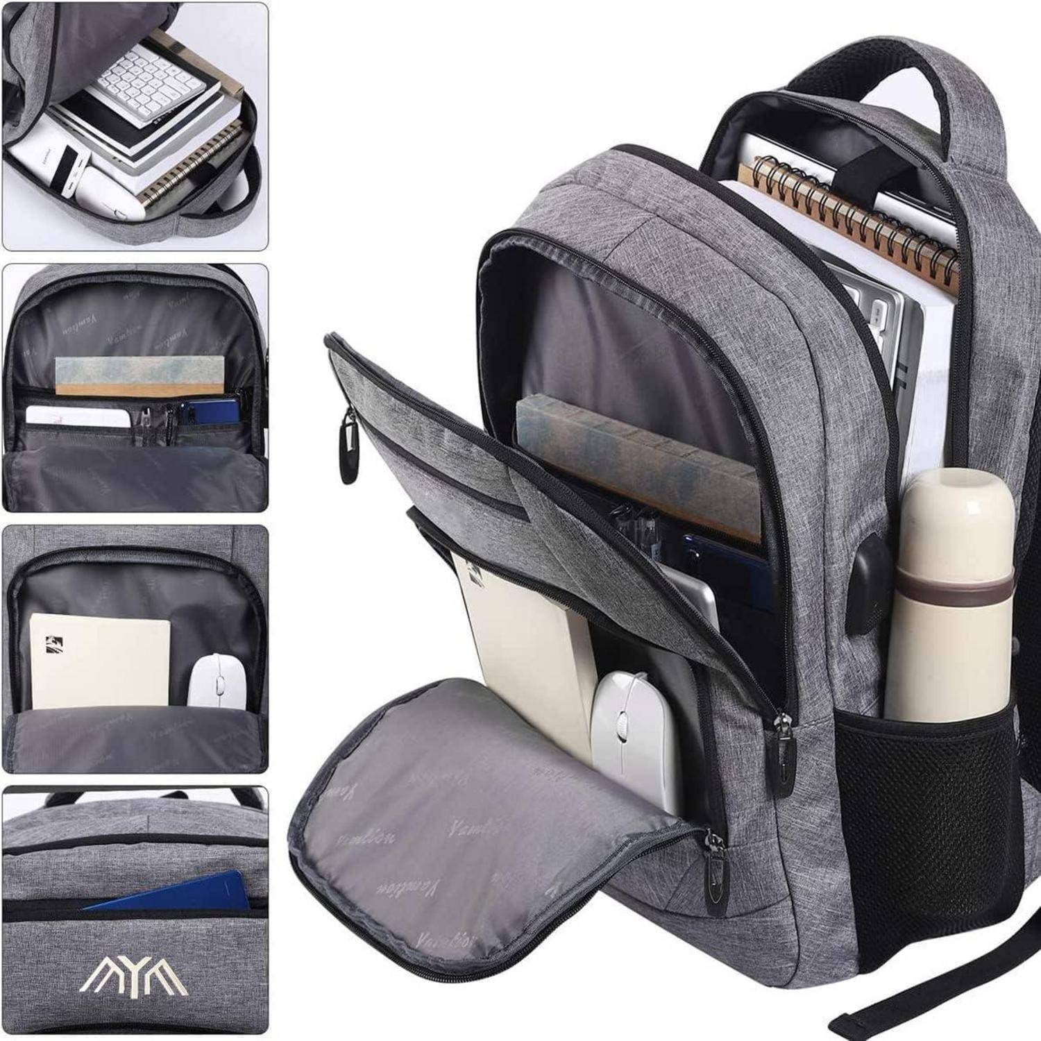 Ein multifunktionaler grauer Rucksack mit mehreren Fächern, der einen Laptop, eine Tastatur, einen Ordner, ein Notizbuch, eine Wasserflasche und eine Maus zeigt.