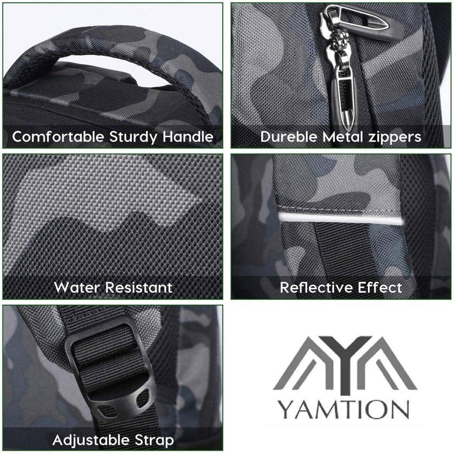 Eine Collage, die Teile eines Rucksacks zeigt: 'Bequemer robuster Griff', 'Strapazierfähige Metallreißverschlüsse', 'Wasserabweisend', 'Reflektierender Effekt', 'Verstellbarer Gurt'. Markenlogo unten.