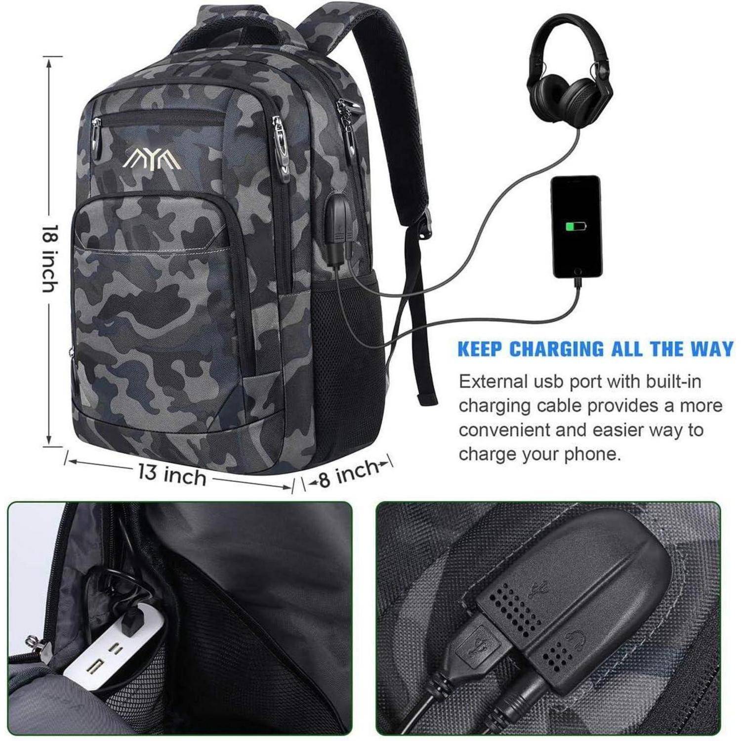 Rucksack im Tarnmuster mit USB-Ladeanschluss, Kopfhörerzugang und Maßen: 18