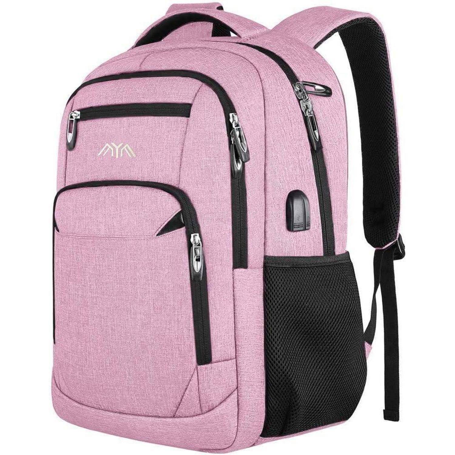 Ein rosa Rucksack mit mehreren Reißverschlussfächern, einer Wasserflaschentasche und einem USB-Ladeanschluss.