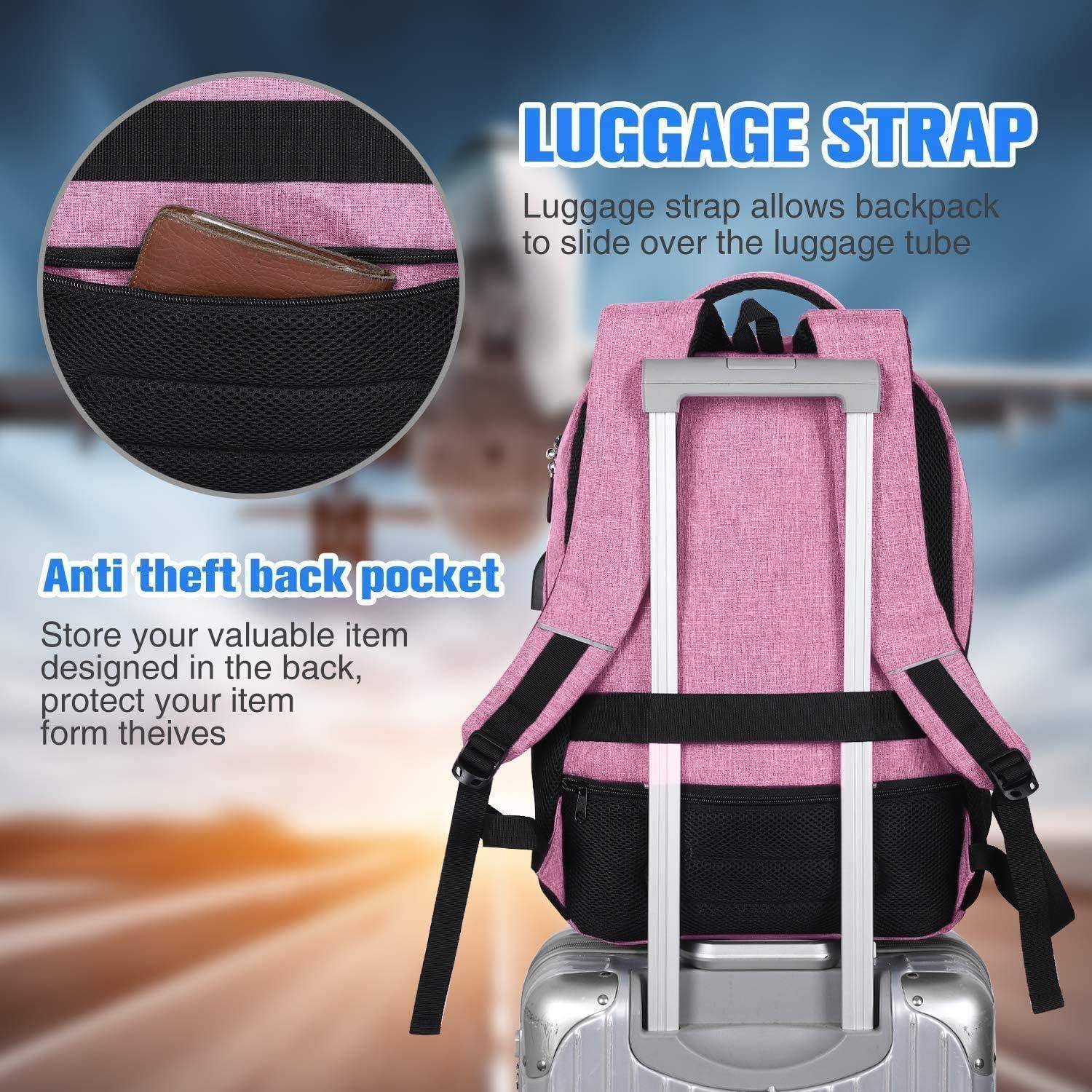 Rosa Rucksack mit einem sicheren Riemen an einem Gepäckgriff befestigt. Einblendung zeigt eine versteckte Diebstahlschutz-Tasche. Der Text betont Sicherheit und Benutzerfreundlichkeit.