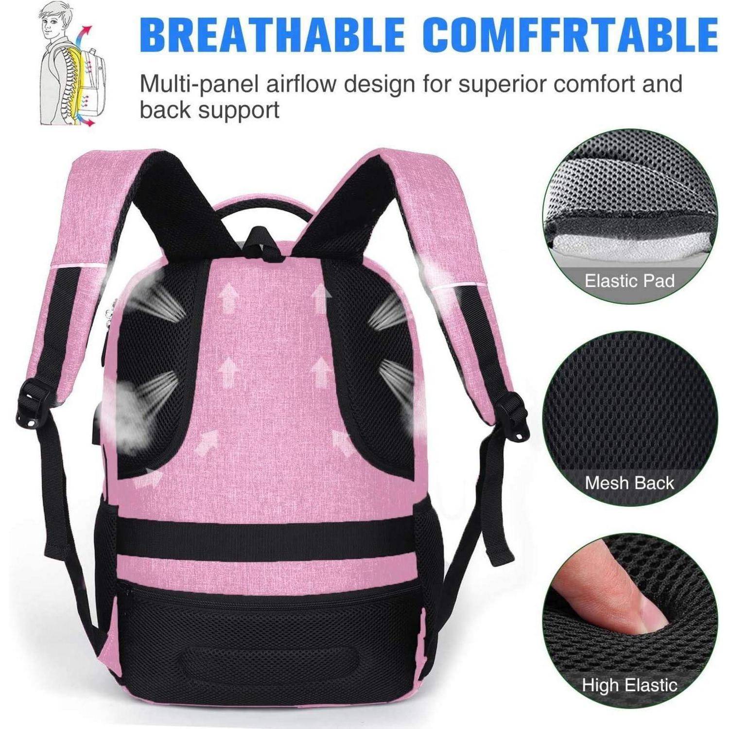 Rosa Rucksack mit Luftzirkulationsdesign, beworben als 'atmungsaktiv' und 'komfortabel' für Rückenstützung. Ausgestattet mit elastischem Polster, Netzrücken und hoher Elastizität.