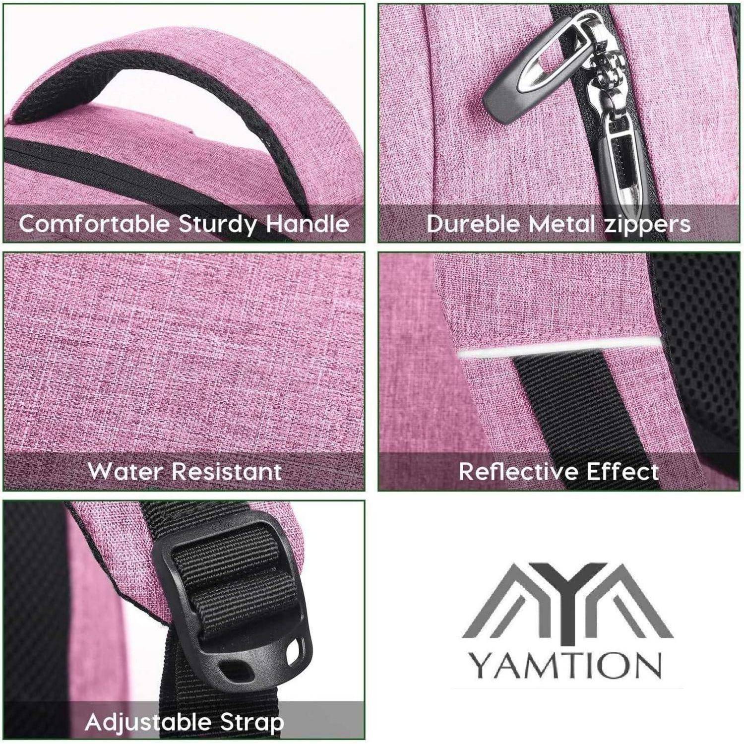 Ein Merkmale-Kollage für einen pinken Rucksack: 'Bequemer stabiler Griff', 'Strapazierfähige Metallreißverschlüsse', 'Wasserabweisend', 'Reflektierender Effekt', 'Verstellbarer Riemen'. Markenlogo 'Yamtion' unten.