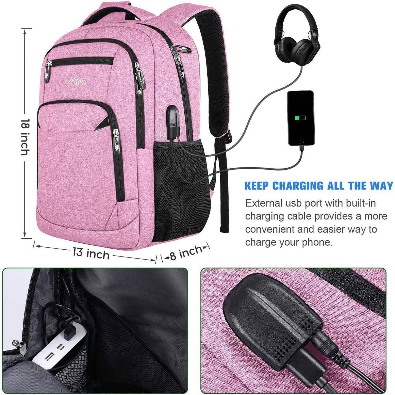 Ein rosa Rucksack mit mehreren Fächern und einem externen USB-Ladeanschluss. Maße: 18x13x8 Zoll. Geeignet zum Transportieren und Aufladen von Geräten unterwegs.
