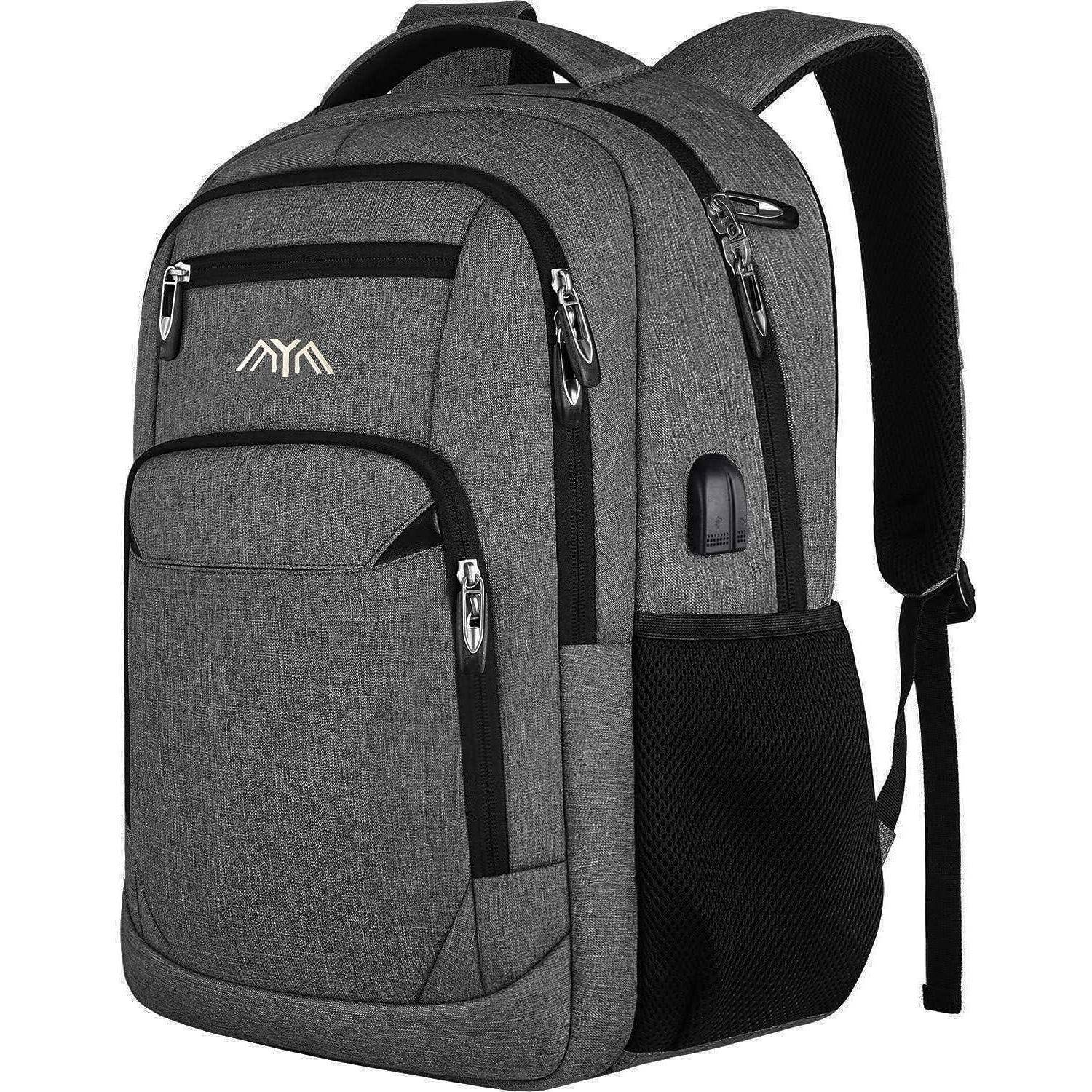 Ein grauer Rucksack mit mehreren Reißverschlusskompartimenten und einer seitlichen Netztasche, ausgestattet mit einem USB-Ladeanschluss an der Seite.