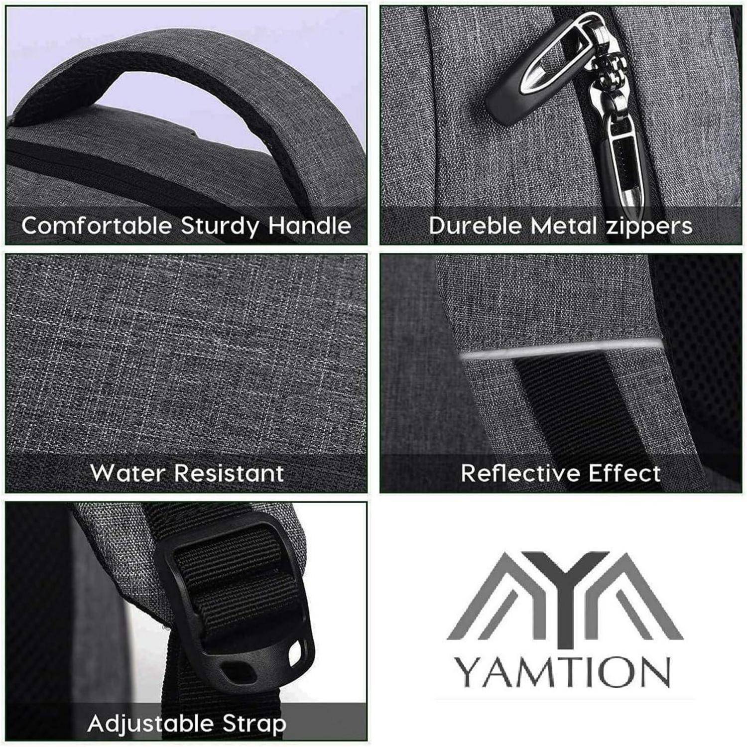 Die Eigenschaften des 'Yamtion' Rucksacks umfassen einen bequemen Griff, robuste Metallreißverschlüsse, Wasserresistenz, reflektierende Elemente und verstellbare Träger.