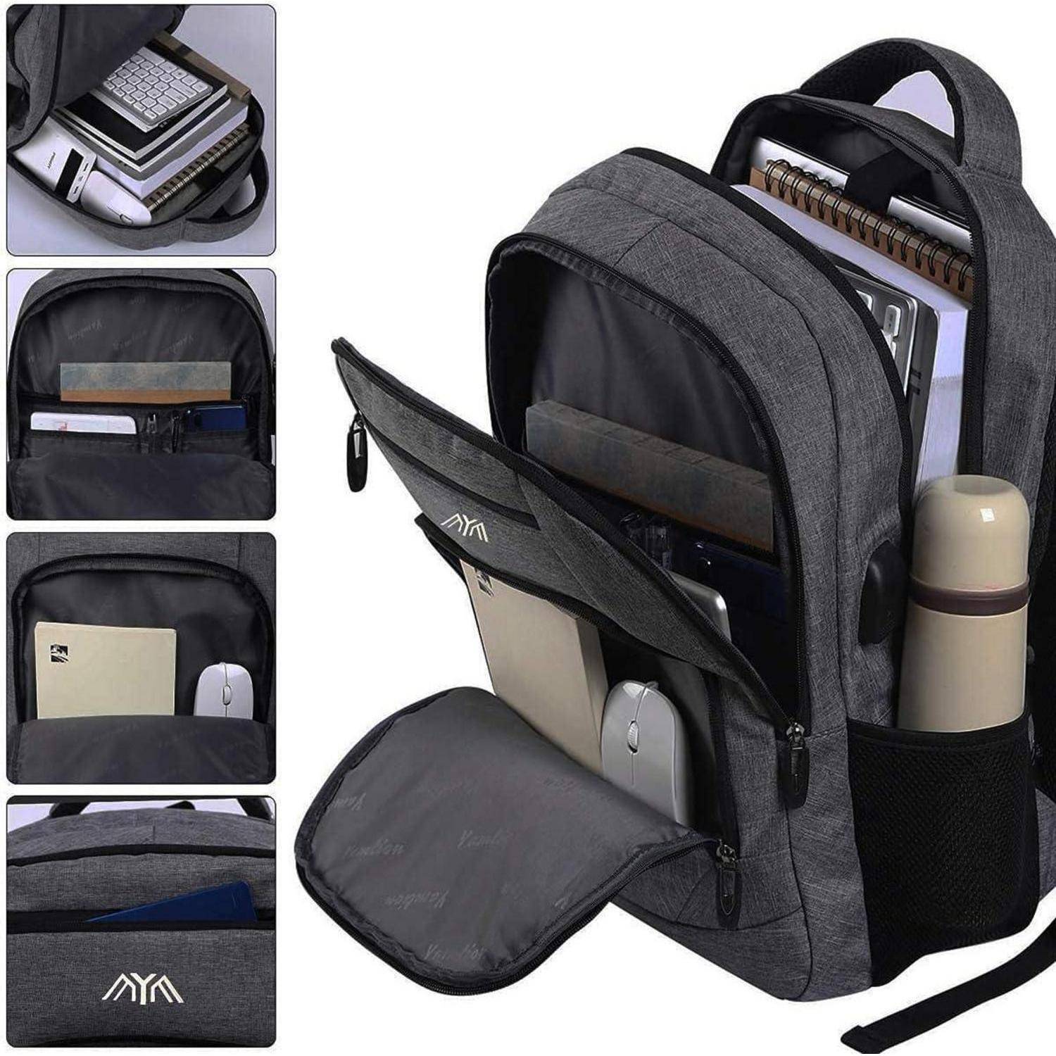Grauer Rucksack mit mehreren Fächern, der Gegenstände wie eine Tastatur, ein Notizbuch, einen Thermobecher und einen Laptop trägt. Demonstriert die Lagerfähigkeit.
