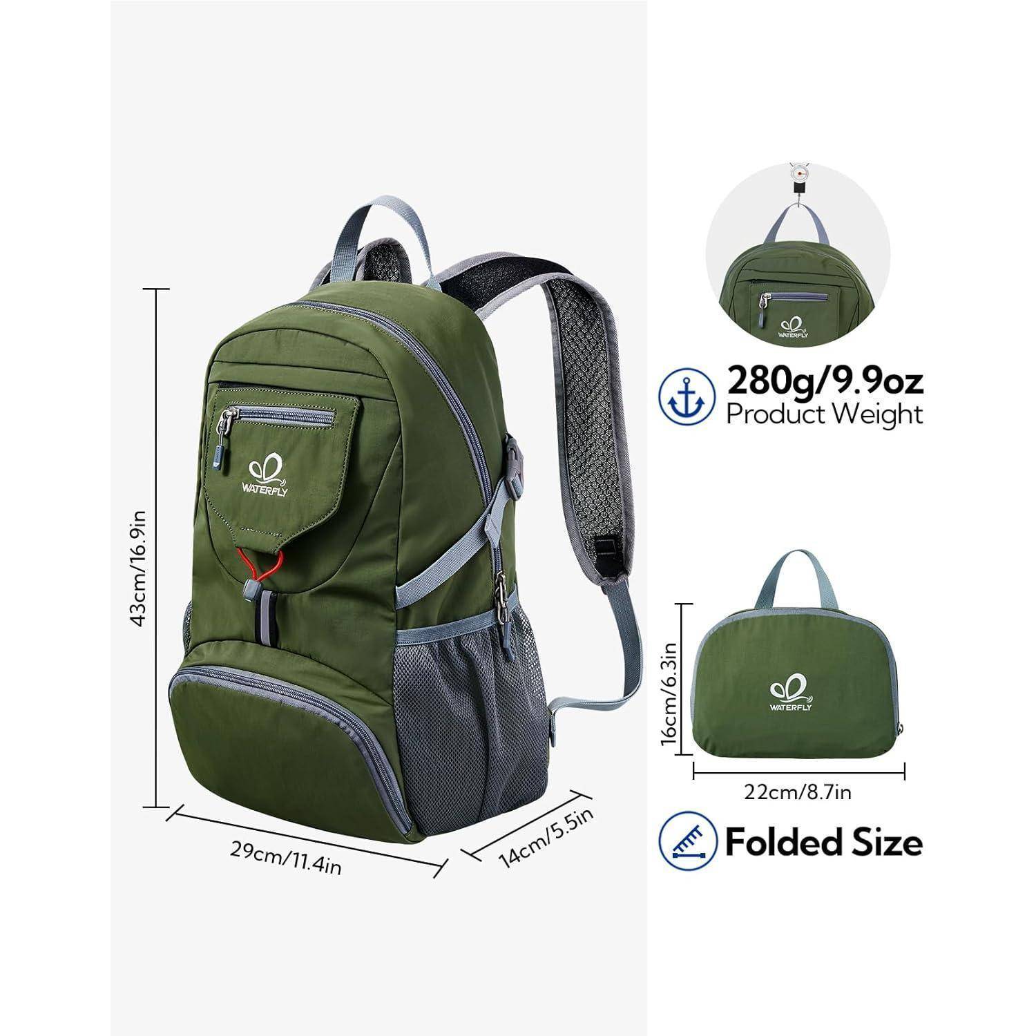 Rucksack Ultraleicht Faltbar 20L Klein Trekking Herren Armeegrün