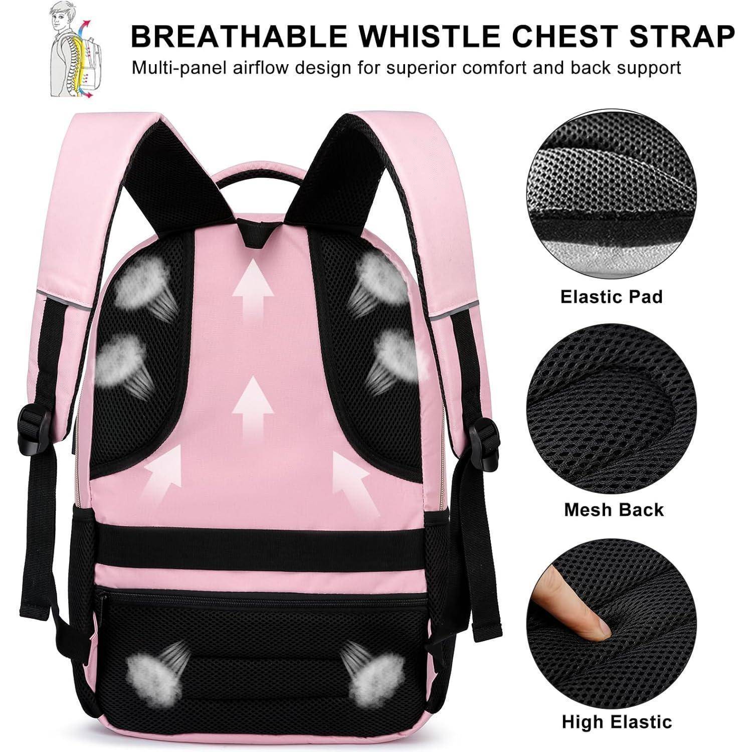 Rosa Rucksack mit atmungsaktivem Brustgurt mit Pfeife, elastischen Polstern und Netzrücken. Text hebt das Luftstromdesign für Komfort und Unterstützung hervor.