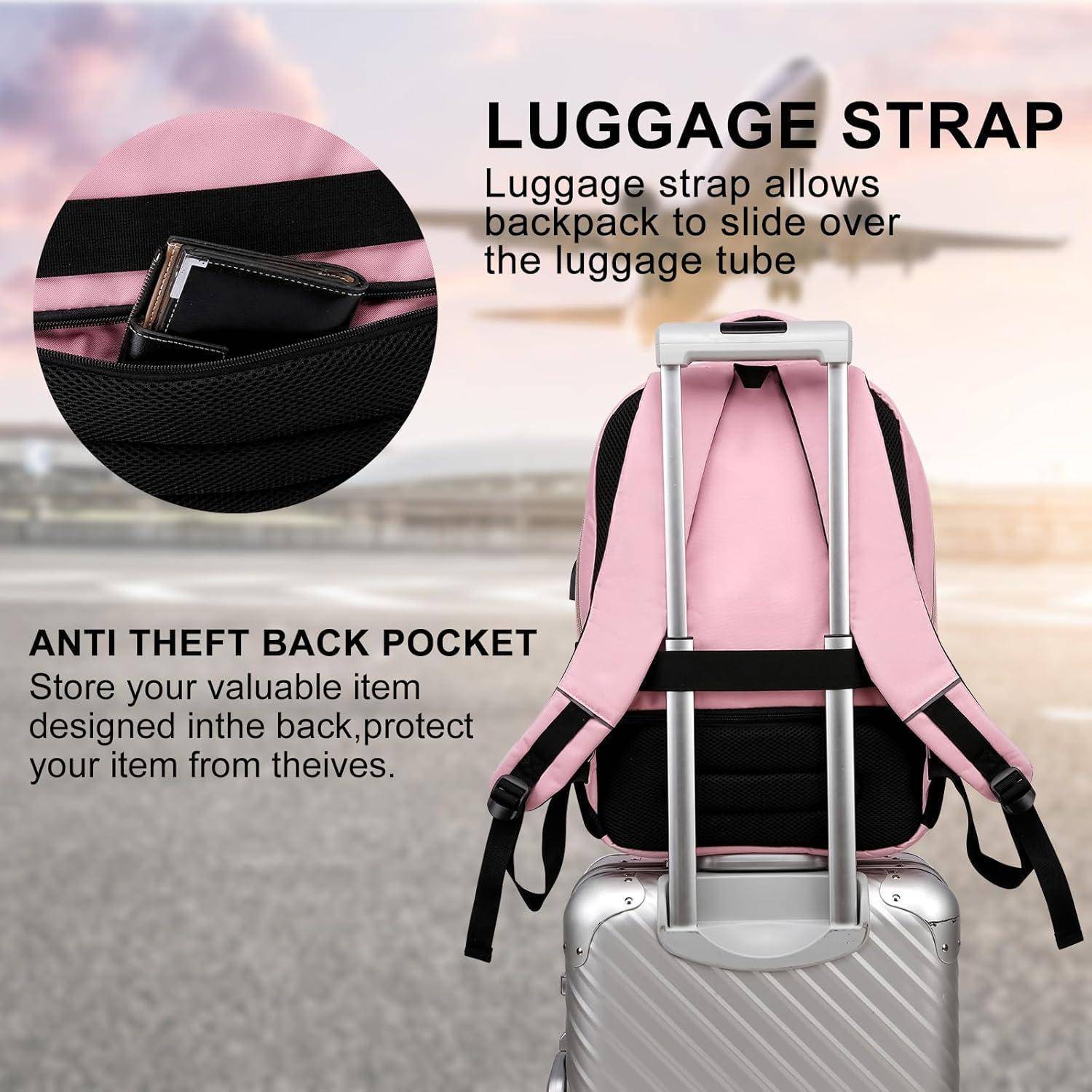 Ein rosa Rucksack auf einem Koffer, der seine diebstahlsichere Rückentasche mit einem Portemonnaie im Inneren hervorhebt und mit einem Gepäckband für Reisekomfort ausgestattet ist.