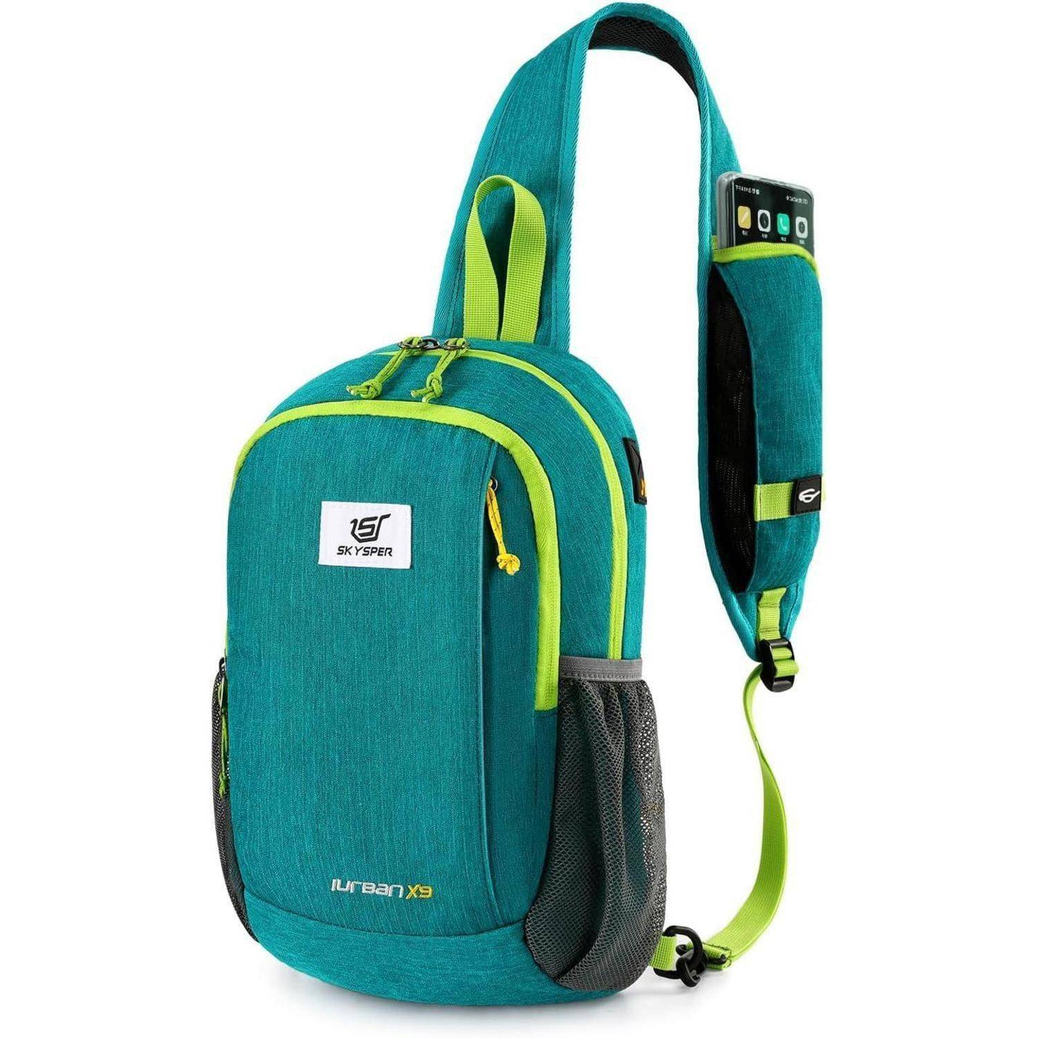 Petrol- und lindgrüner Schulterrucksack mit mehreren Fächern, Netzseitetasche und einem Schulterriemen-Handyhalter.