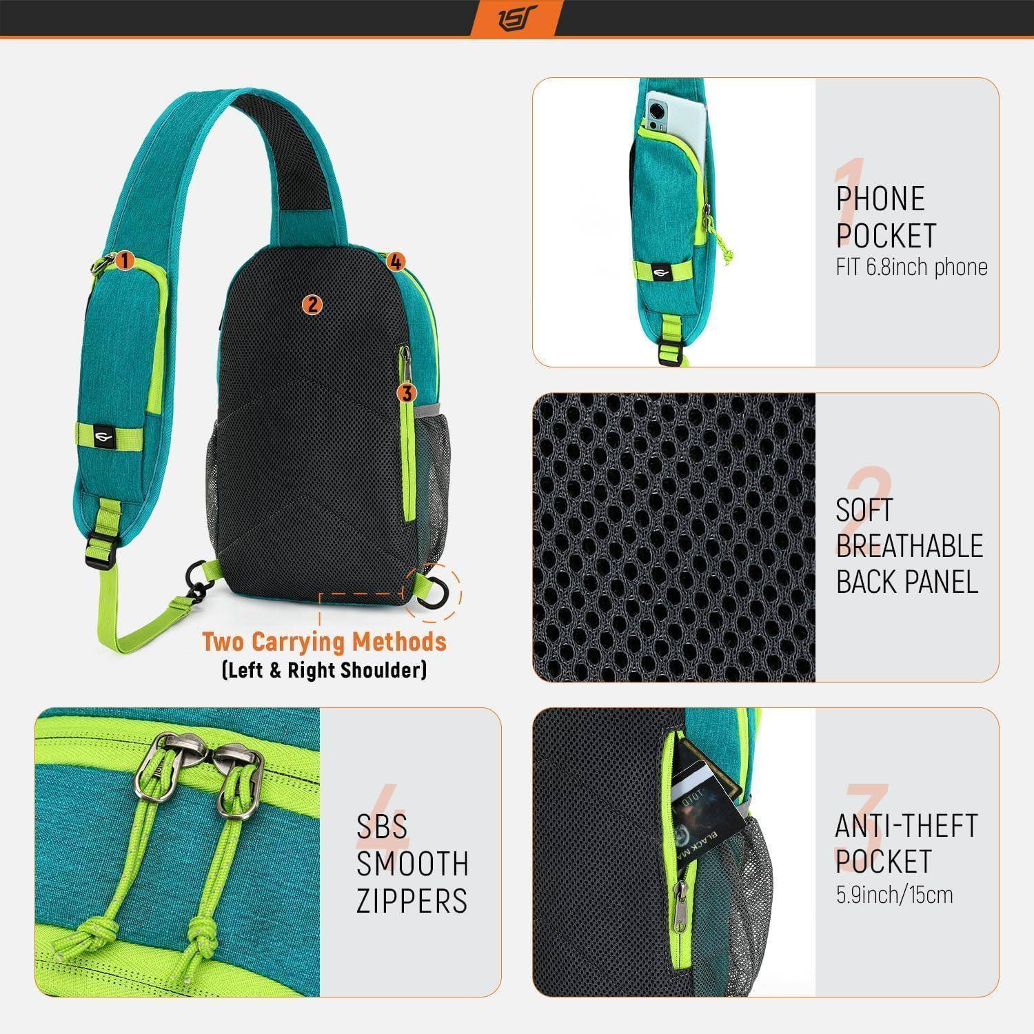 Ein türkisfarbener Sling-Rucksack mit folgenden Eigenschaften: 'Handytasche' für Telefone bis 6,8 Zoll, 'Weiche atmungsaktive Rückseite', 'SBS-Reißverschlüsse mit gleitender Bewegung', 'Diebstahlsichere Tasche'. Zwei Tragemöglichkeiten für linke und rechte Schulter.