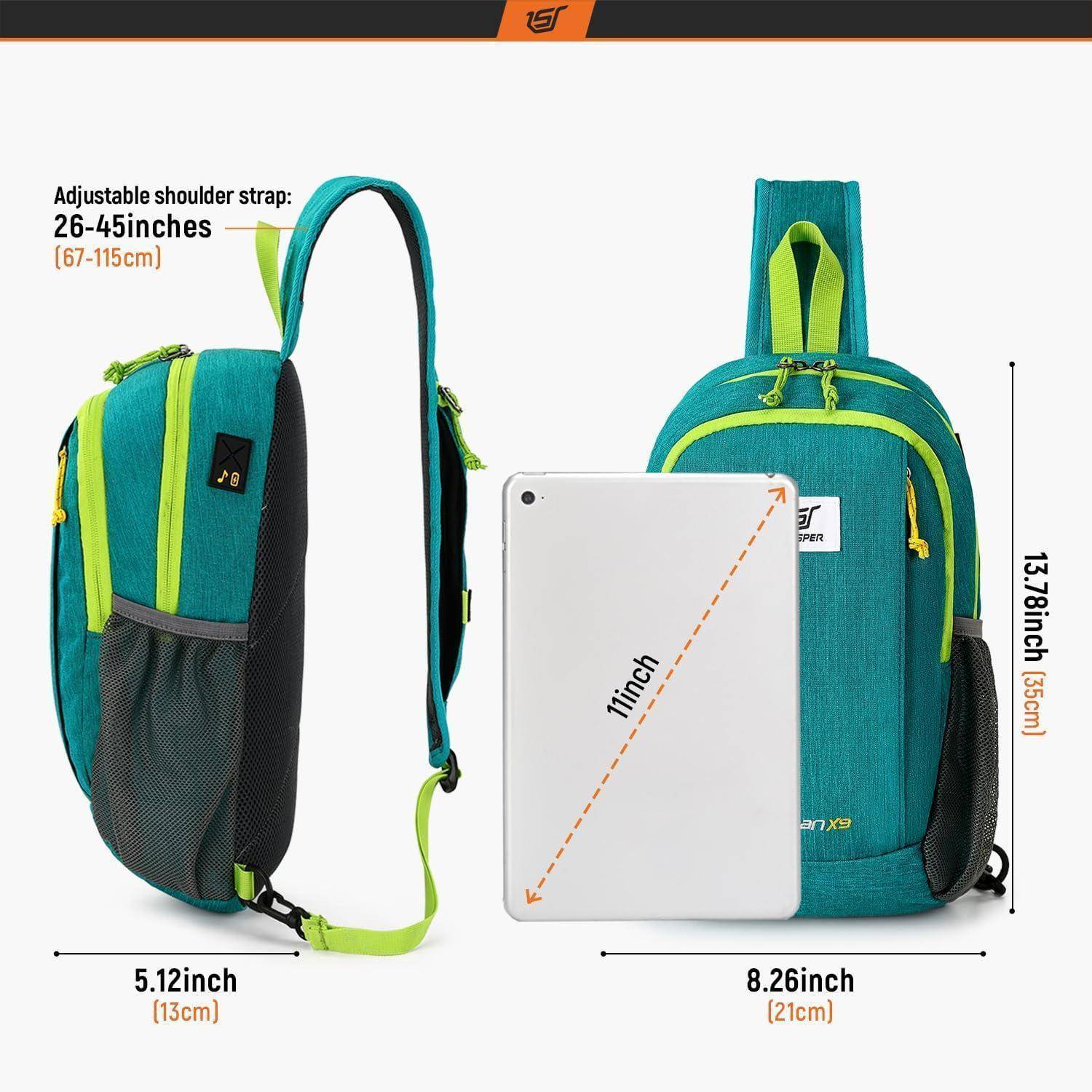 Kompakter Umhängerucksack mit verstellbarem Schultergurt, neben einem 11-Zoll-Tablet zur Größenvergleich dargestellt. Abmessungen: 5,12 x 8,26 x 13,78 Zoll.