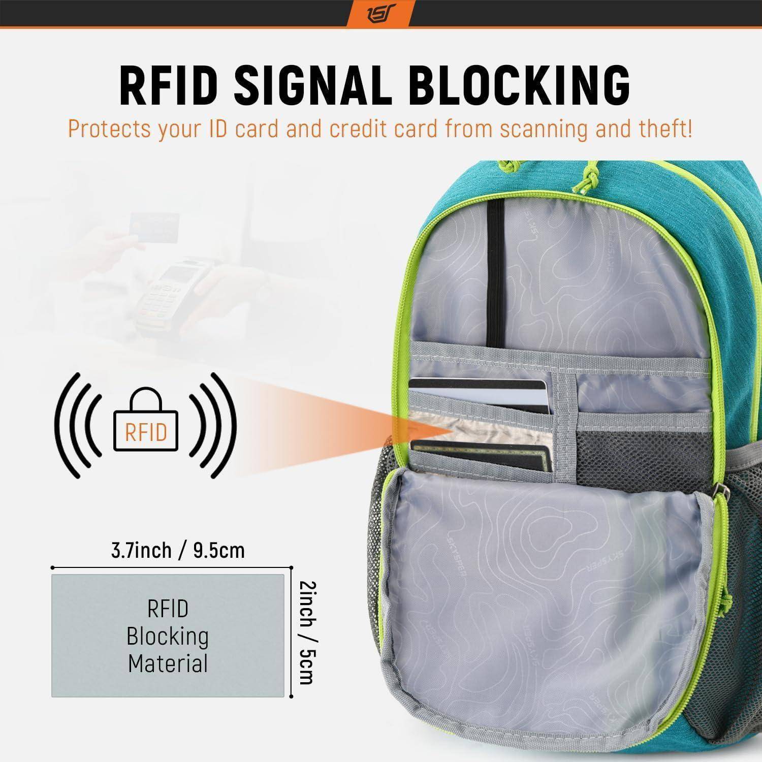 Rucksack mit RFID-signalblockierender Materialtasche, die Diebstahl von Ausweisen und Kreditkarten verhindert. Abmessungen: 3,7 Zoll/9,5 cm x 2 Zoll/5 cm.