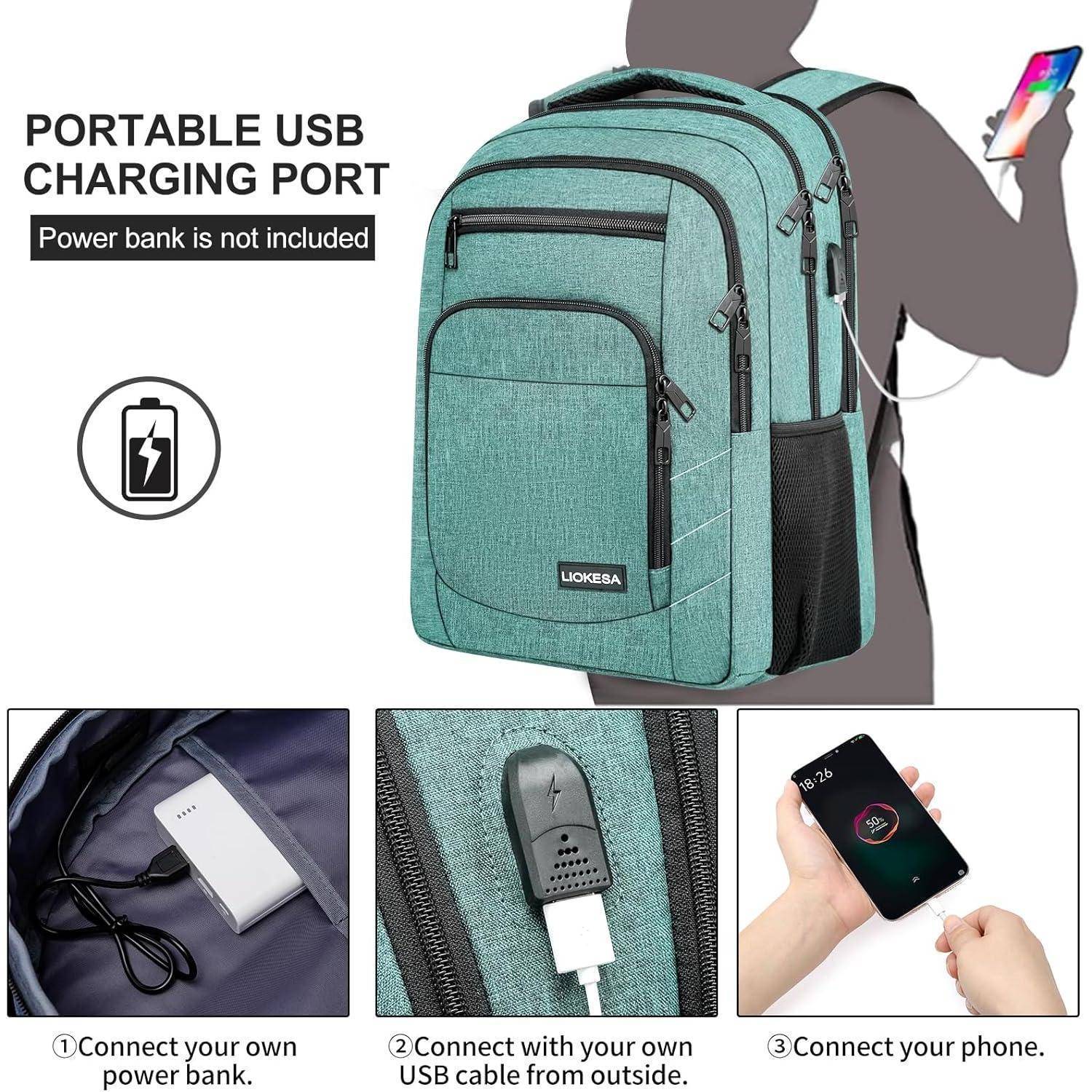 Grüner Rucksack mit USB-Ladeanschluss. Abbildung zeigt ein Powerbank, USB-Anschluss und Telefonaufladung. Powerbank nicht im Lieferumfang enthalten.
