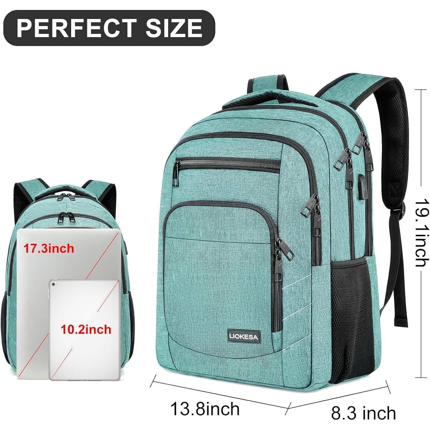 Ein türkisfarbener Rucksack wird gezeigt mit den Abmessungen: 19,1 Zoll Höhe, 13,8 Zoll Breite und 8,3 Zoll Tiefe. Er enthält mehrere Reißverschlussfächer.