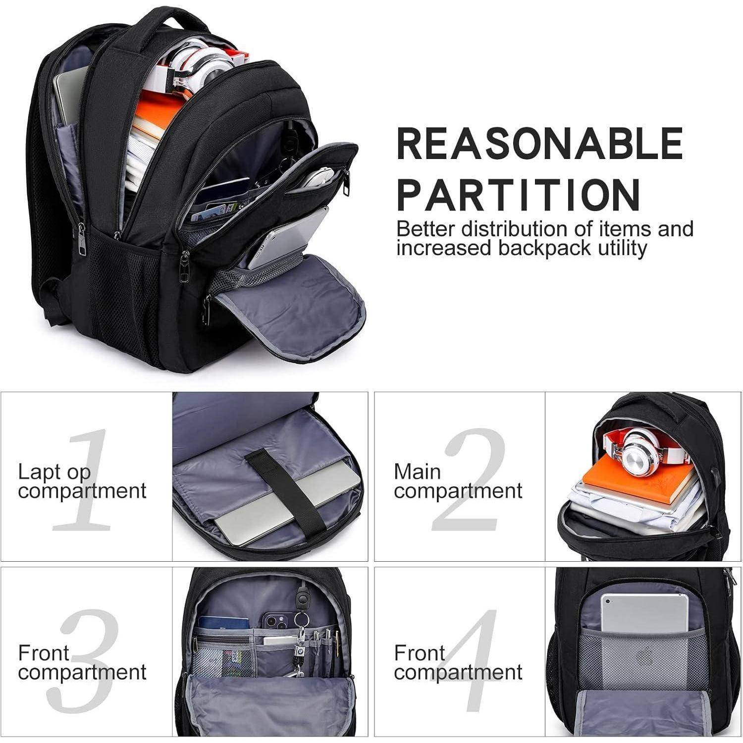 Ein schwarzer Rucksack mit beschrifteten Fächern: ‚1' für Laptop, ‚2' Hauptfach und ‚3' Vorderfach, der eine organisierte Lagerung für effektive Nutzung demonstriert.