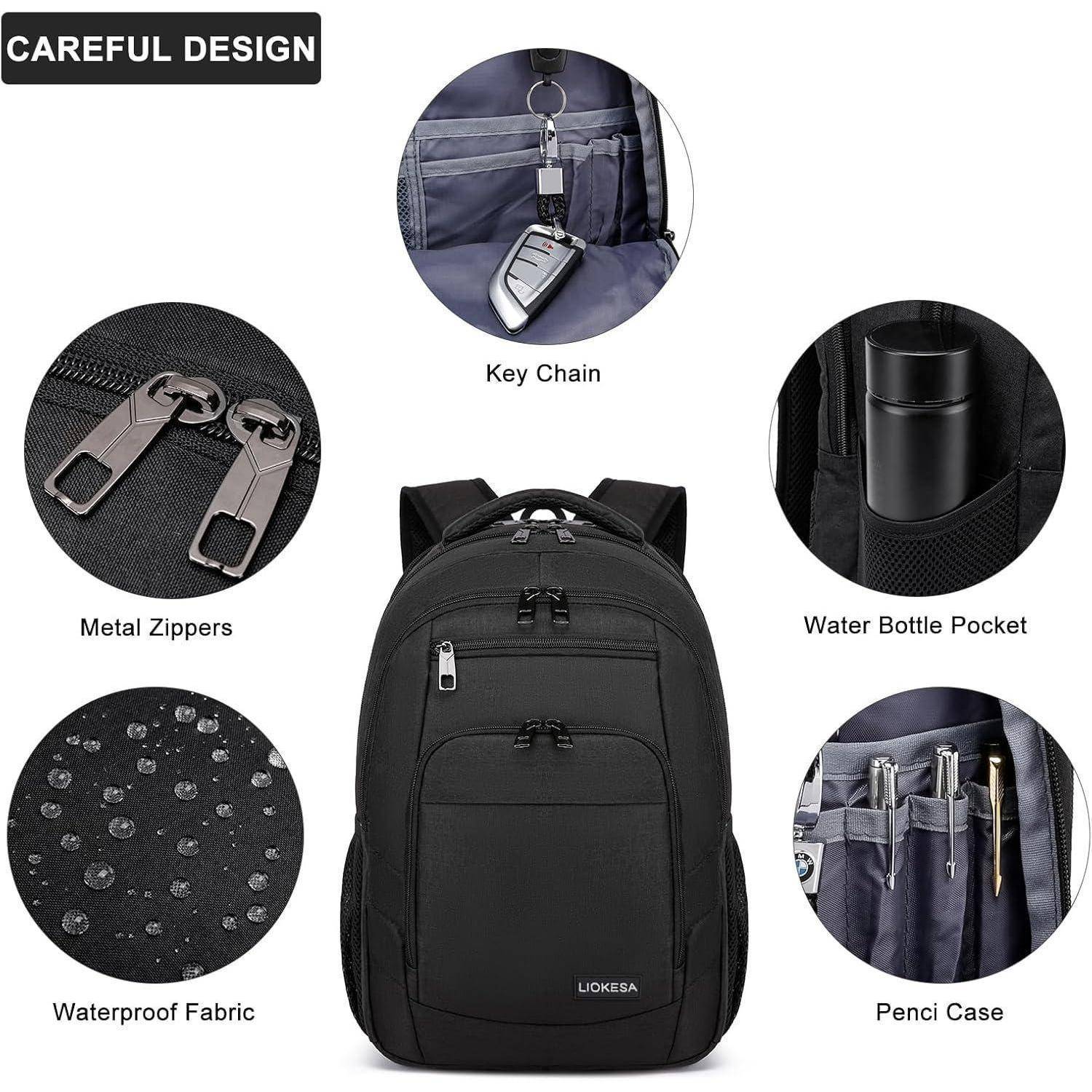 Ein schwarzer Rucksack mit hervorgehobenen Merkmalen: Schlüsselanhänger, Wasserflaschentasche, Federmäppchen, Metallreißverschlüsse und wasserdichter Stoff.