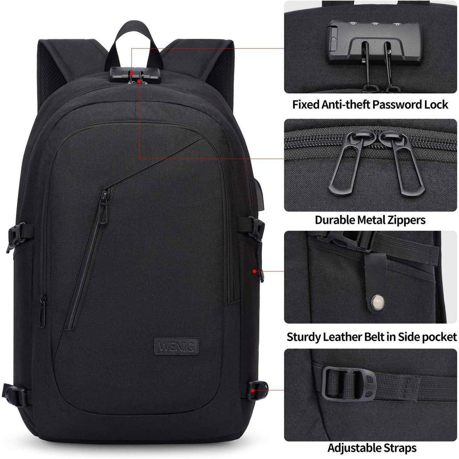 Schwarzer Rucksack mit festem Diebstahlschutz-Zahlenschloss, strapazierfähigen Metallreißverschlüssen, stabilem Ledergürtel an der Seitentasche und verstellbaren Trägern.