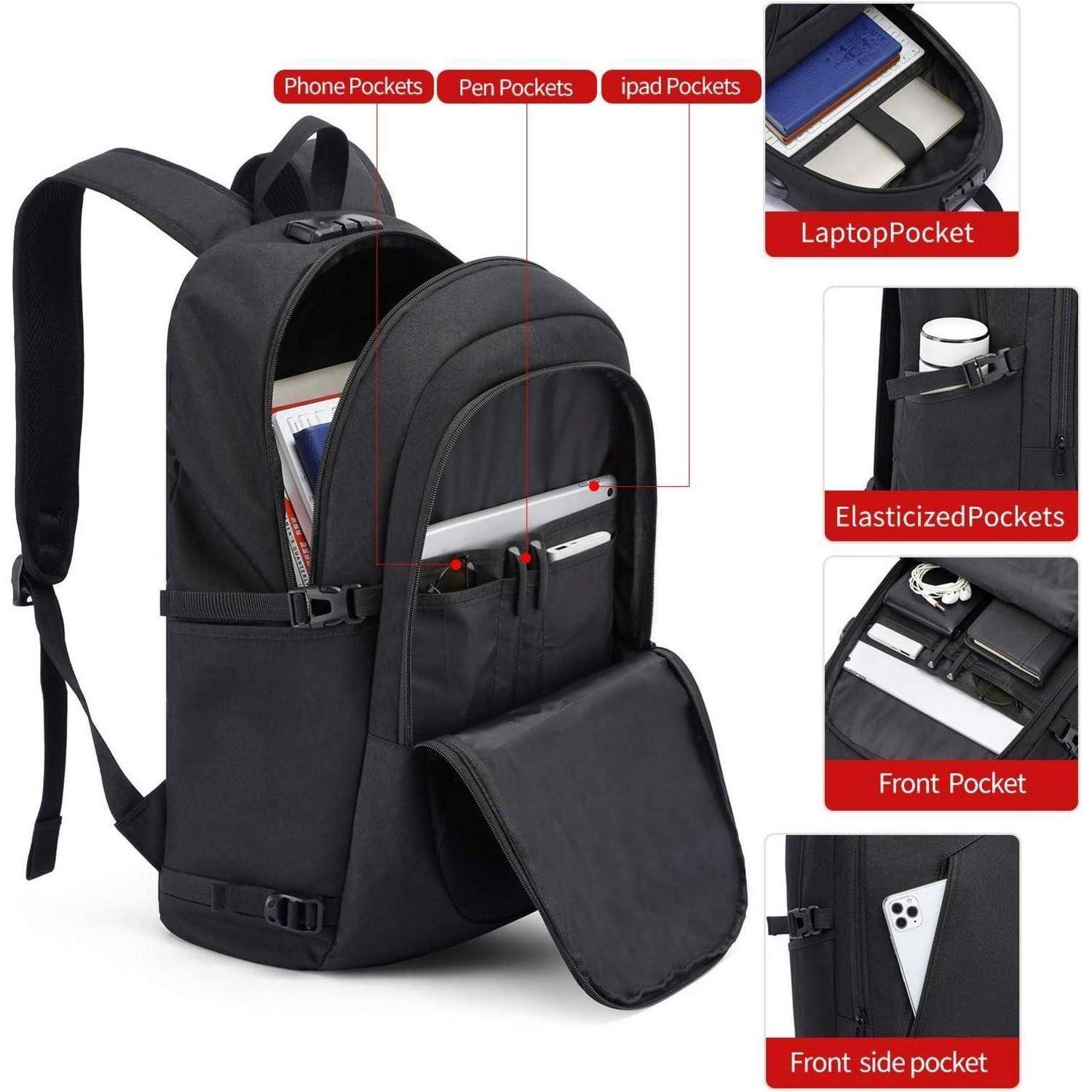 Schwarzer Rucksack mit mehreren beschrifteten Fächern: Laptop, Handy, Stift, iPad und elastischen Taschen. Vordertasche geöffnet, Gegenstände werden sichtbar.