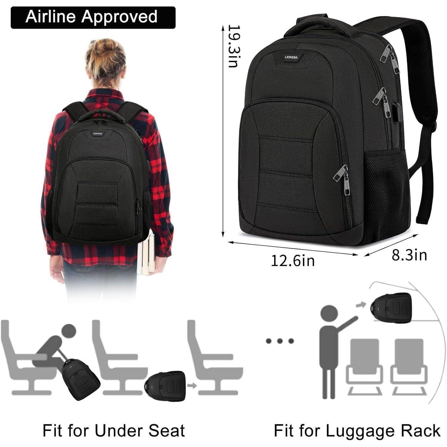 Das Bild zeigt einen schwarzen Rucksack mit der Aufschrift "Airline Approved"". Er misst 19,3 x 12,6 x 8,3 Zoll und passt unter Flugzeugsitze oder in Gepäckablagen.