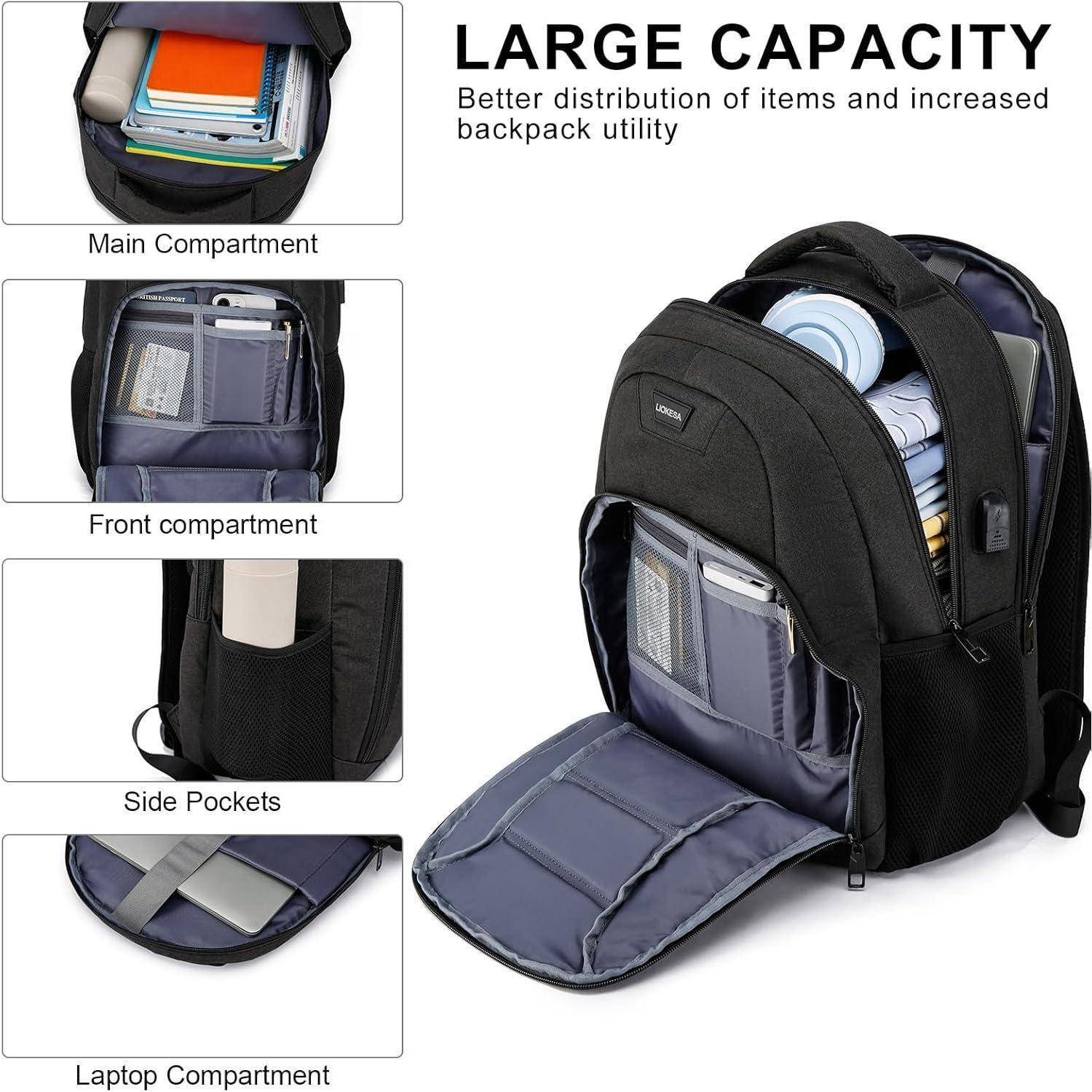 Rucksack mit Merkmalen großer Kapazität: Hauptfach mit Kleidung und Büchern, Vorder- und Seitentaschen mit Geräten und einem Laptopfach.