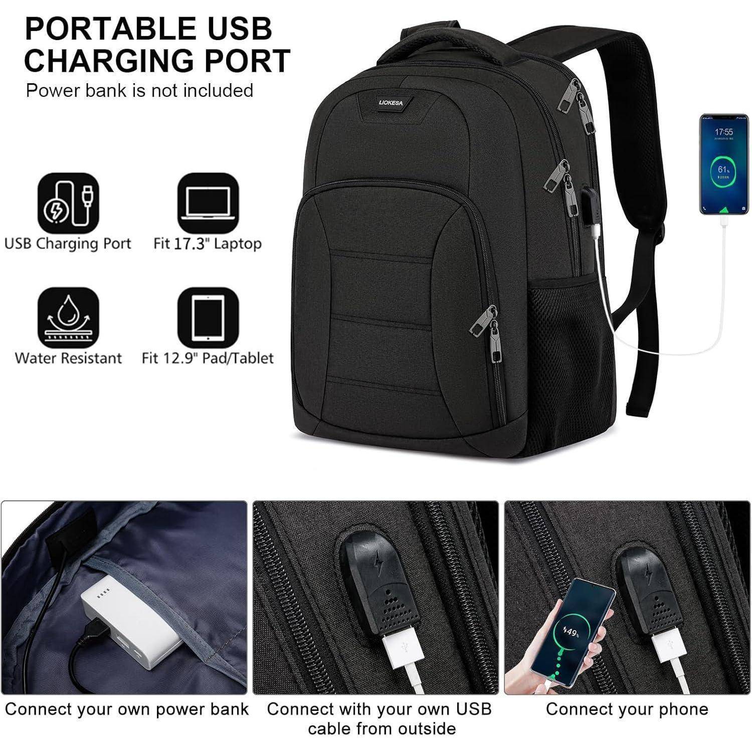 Schwarzer Rucksack mit USB-Ladeanschluss. Eigenschaften: geeignet für 17,3-Zoll-Laptop, wasserabweisend, USB-Anschluss an der Vorderseite für Powerbank (nicht im Lieferumfang enthalten).