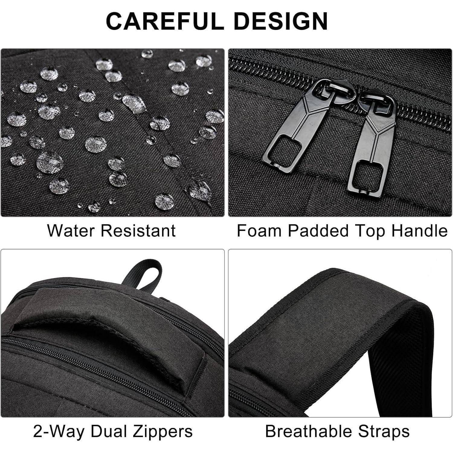 "Sorgfältige Gestaltung" zeigt Bilder der Wasserbeständigkeit eines Rucksacks, eines schaumgepolsterten Tragegriffs, zweiwegiger Reißverschlüsse und atmungsaktiver Träger.