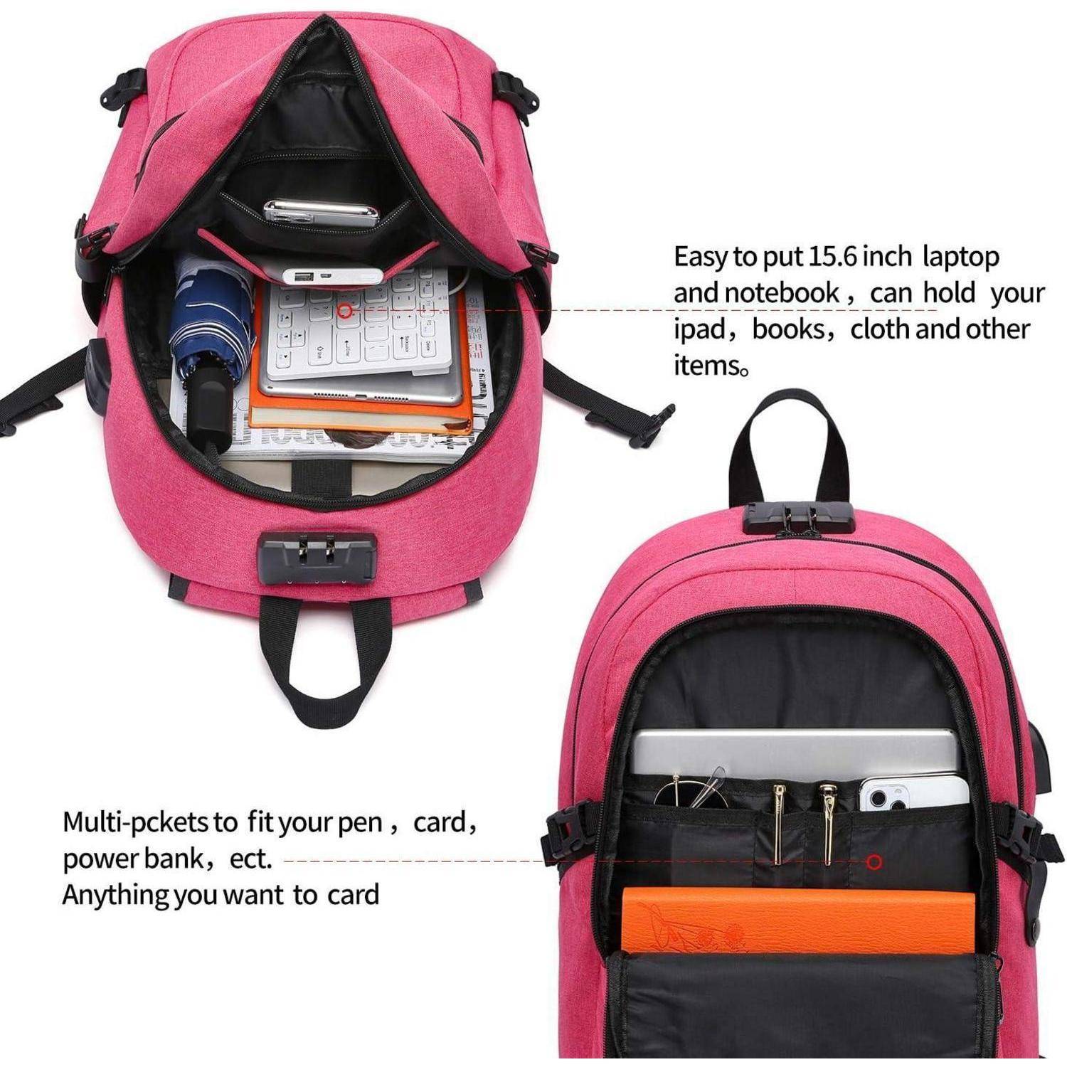 Rucksack Laptop Schulrucksack USB Ladeanschluss Damen 15,6 Zoll Rosa