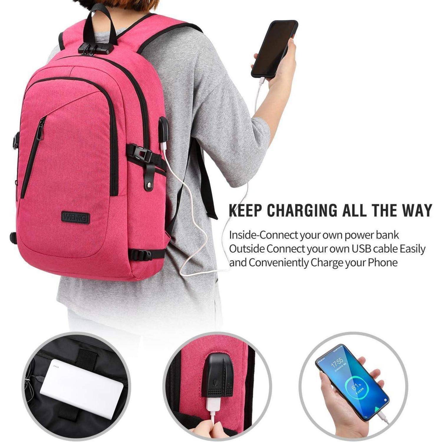 Rucksack Laptop Schulrucksack USB Ladeanschluss Damen 15,6 Zoll Rosa