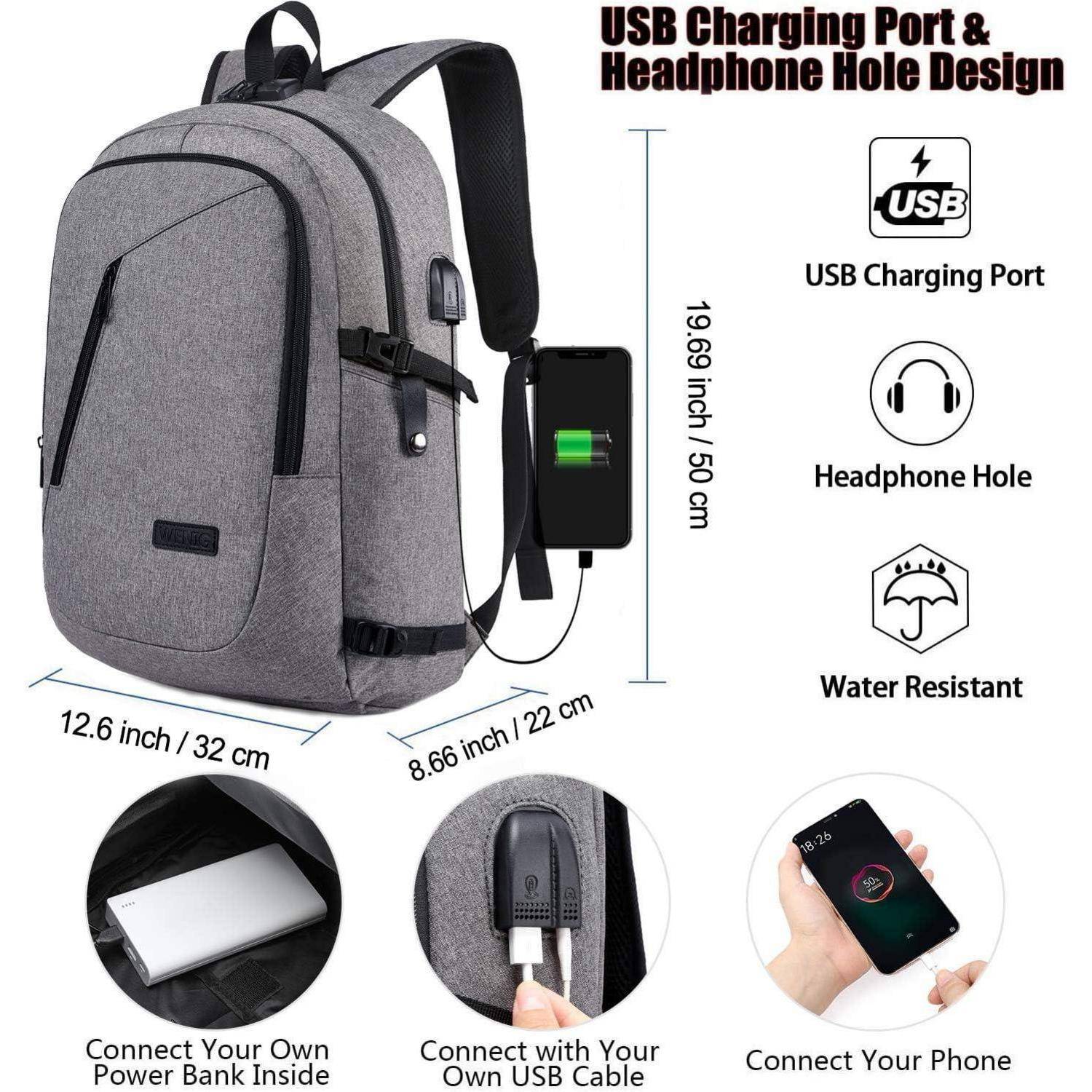 Grauer Rucksack mit USB-Ladeanschluss und Kopfhörerdurchgang, Maße 32x22x50 cm. Eigenschaften: wasserabweisend, kann mit eigener Powerbank und USB-Kabel verbunden werden.