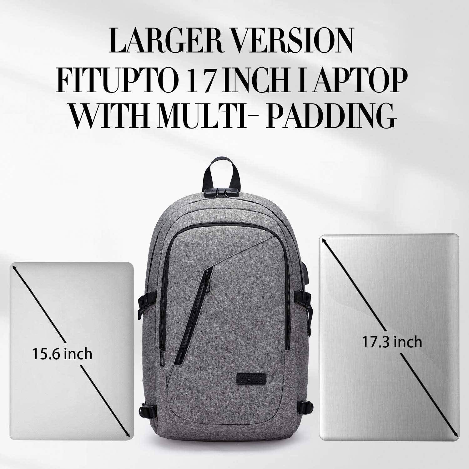 Ein grauer Rucksack, der für Laptops bis zu 17 Zoll geeignet ist, befindet sich zwischen zwei Laptops mit Bildschirmgrößen von 15,6 Zoll und 17,3 Zoll.