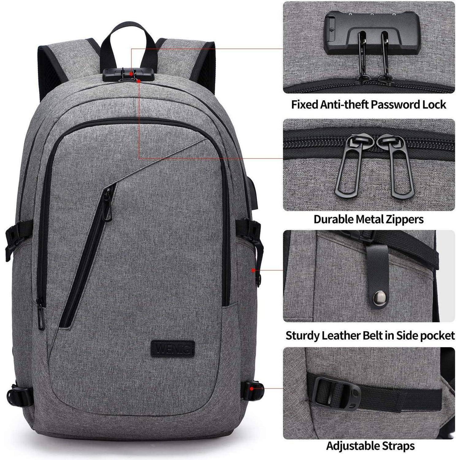 Grauer Rucksack mit verstellbaren Trägern, strapazierfähigen Metallreißverschlüssen, integriertem Diebstahlschutz-Zahlenschloss und einem stabilen Lederseitentaschenriemen.
