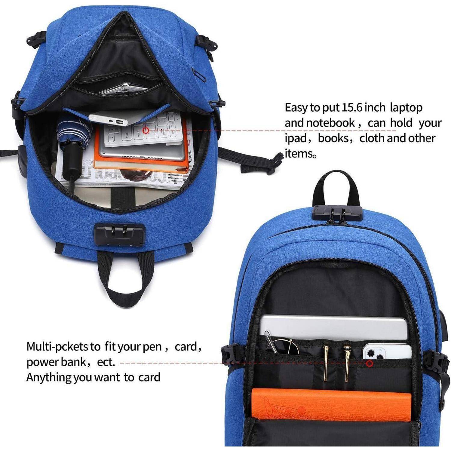 Laptop Rucksack Herren Anti Diebstahl Wasserdicht USB 15,6 Zoll Blau